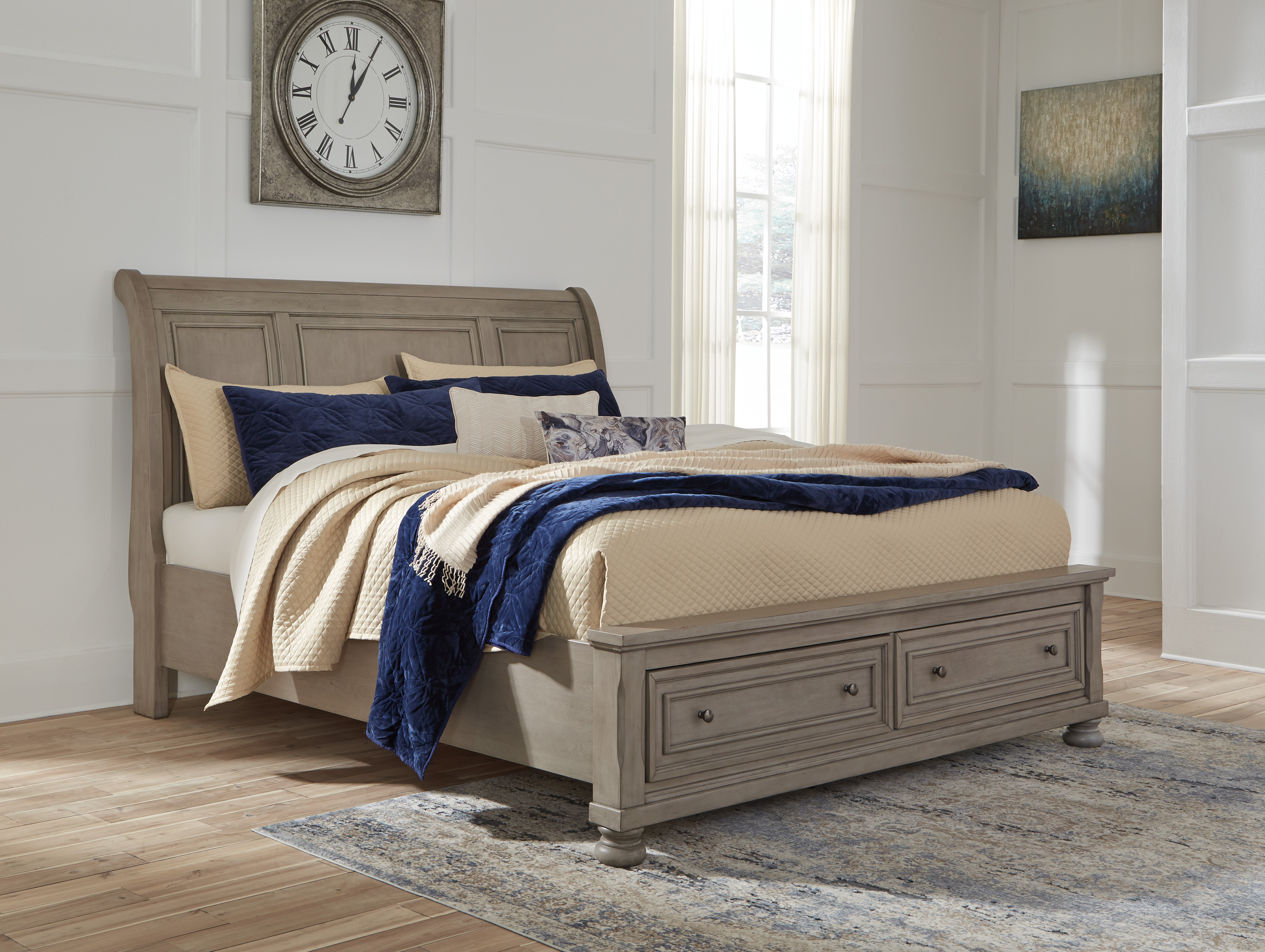 Lettner - King Sleigh Bed with 2 Storage Drawers - Light Gray