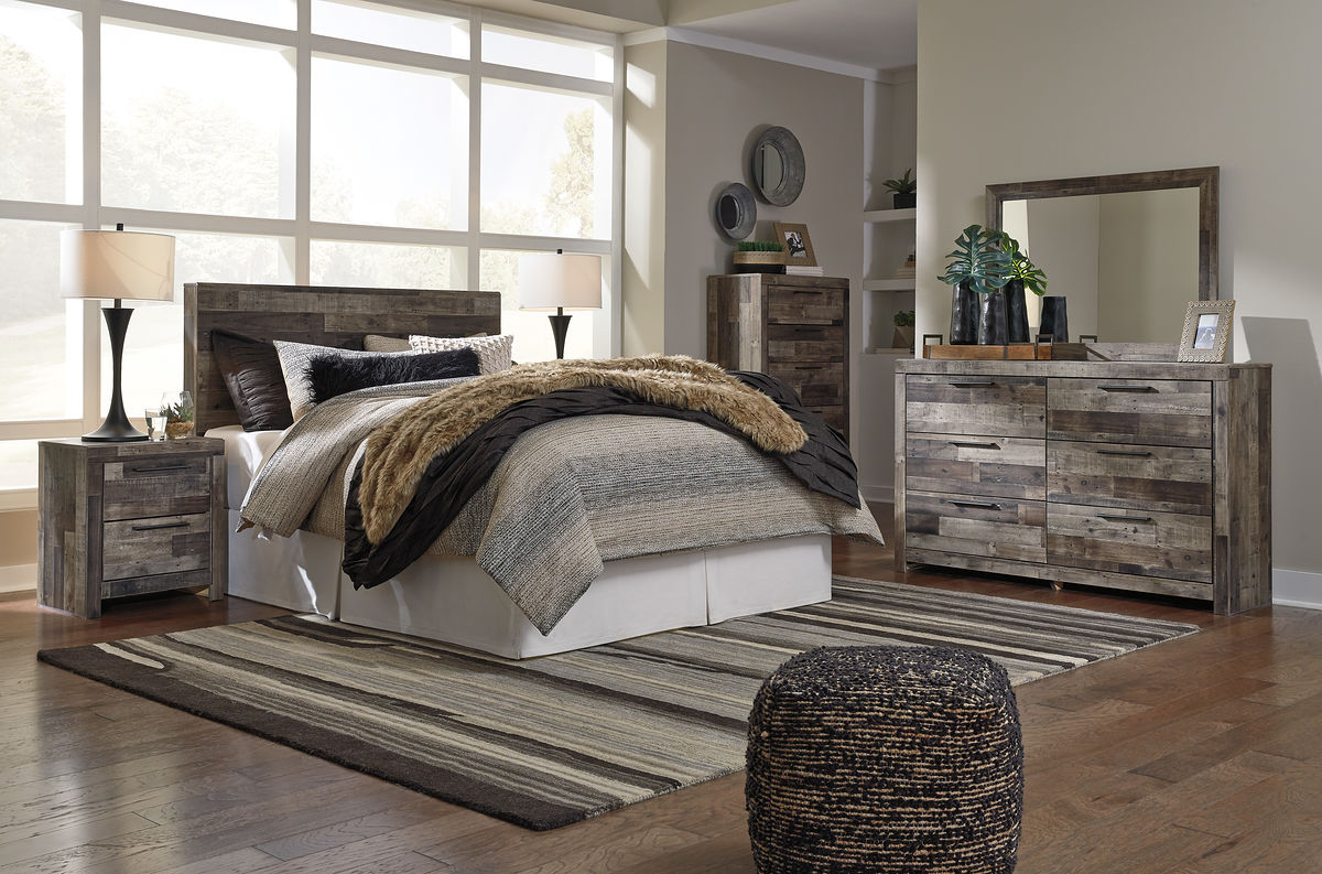 Derekson - 6 Pc. - Queen Panel Headboard with Bolt on Bed Frame, Dresser, Mirror, Chest, Nightstand - Multi Gray