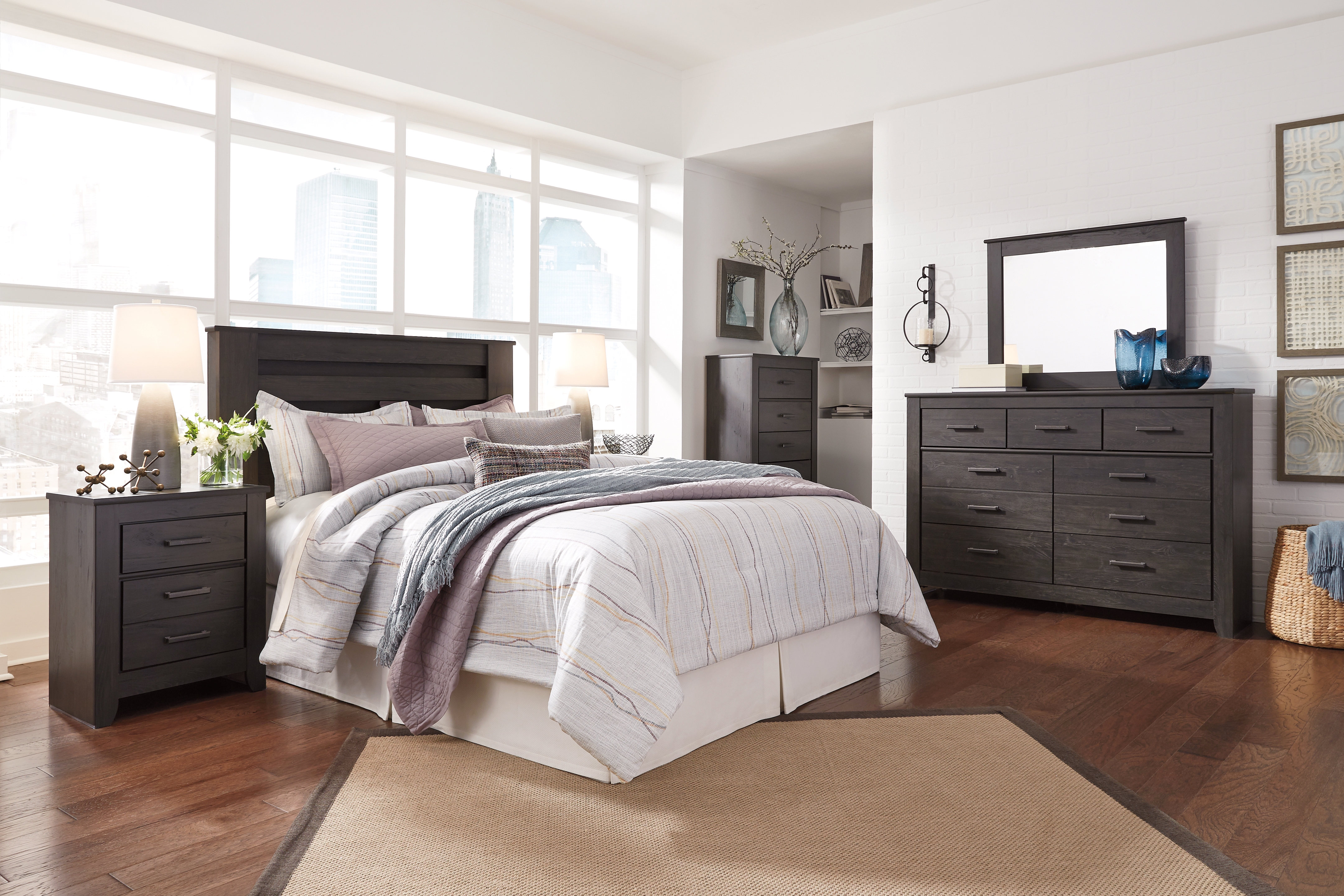 Brinxton - 3 Pc. - Dresser, Mirror, Queen Panel Headboard - Charcoal