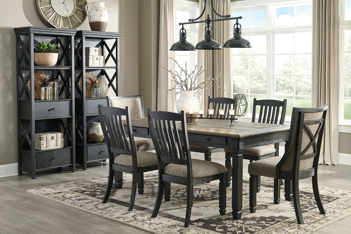 Tyler Creek - 9 Pc. - Dining Room Table, 4 Side Chairs, 2 Upholstered Side Chairs, 2 Cabinets - Dark Gray