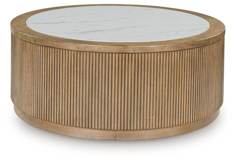 Camdill - Round Cocktail Table - Light Brown / White