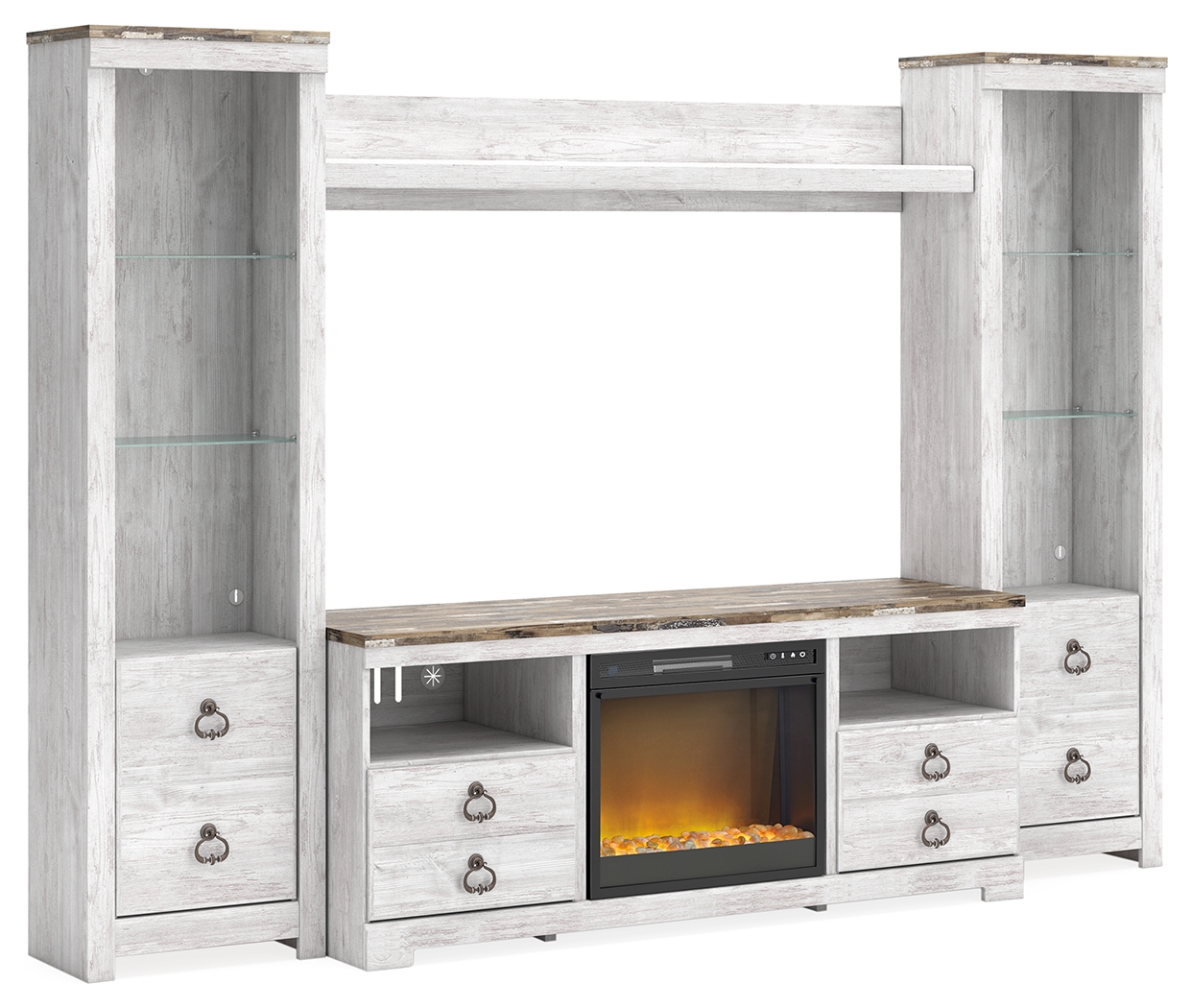 Willowton - 4-Piece Entertainment Center With 64" TV Stand And Glass/Stone Fireplace Insert - Whitewash