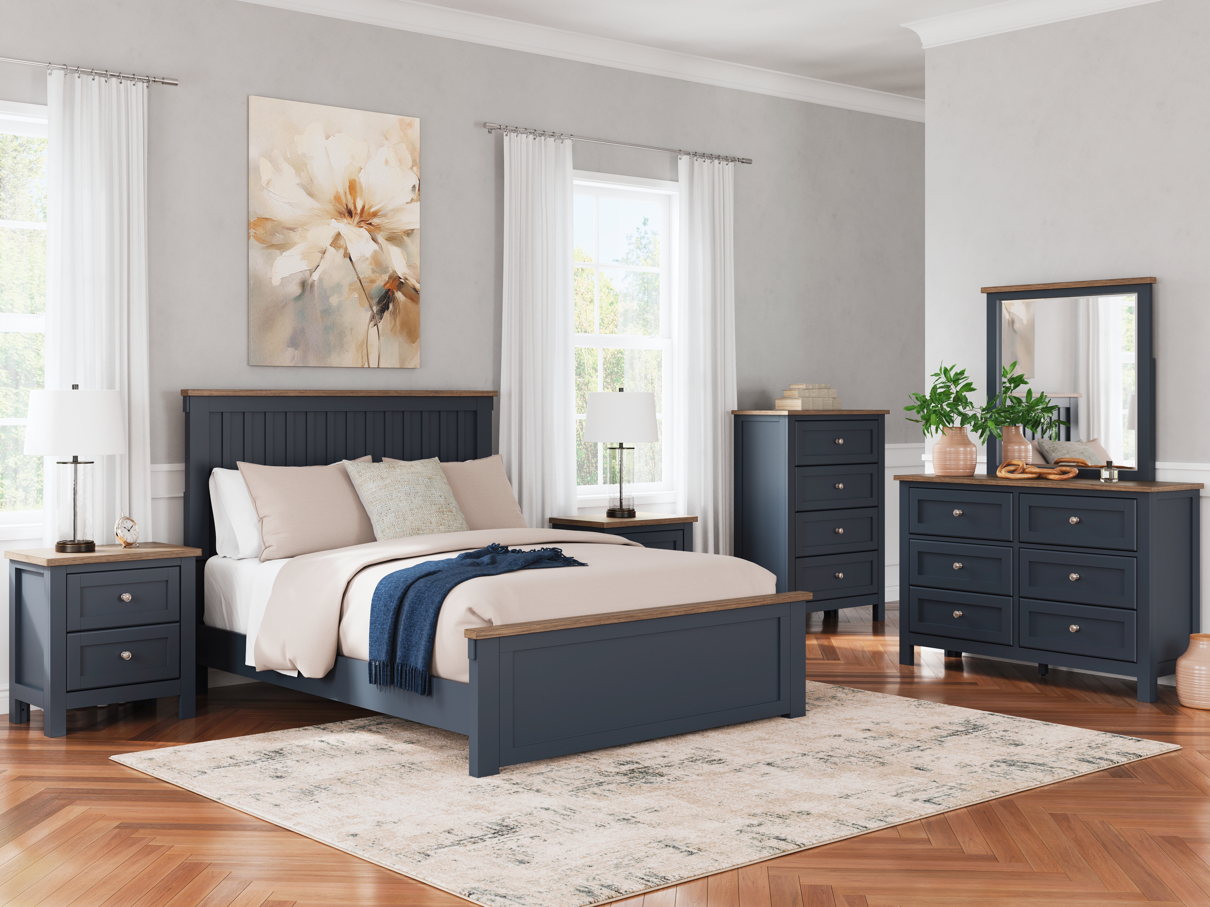 Landocken - 5 Pc. - Dresser, Mirror, Queen Panel Bed - Brown / Blue