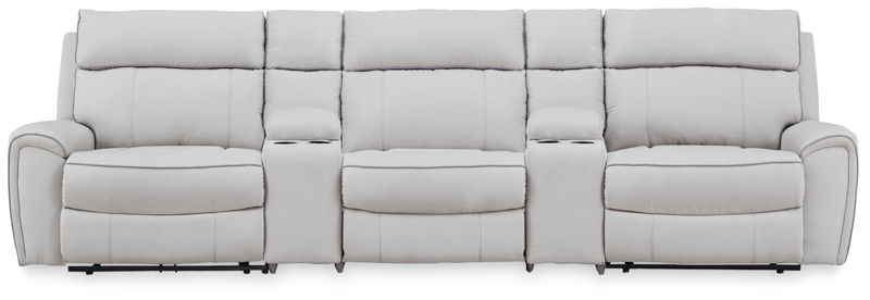 Social Pointe - 5-Piece Power Reclining Sectional With Storage Consoles And Armless Chair - Pearl / Ash