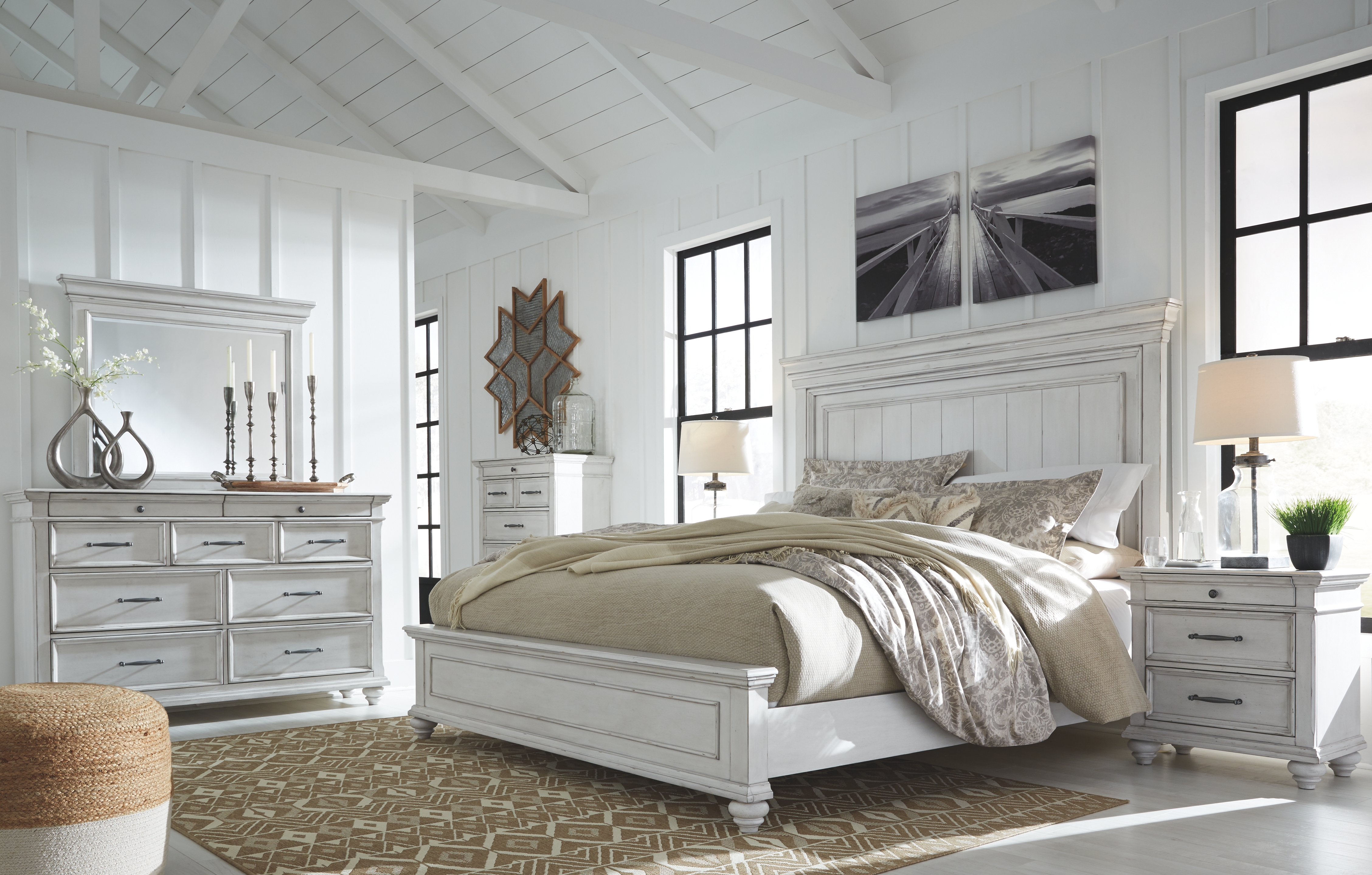 Kanwyn - 6 Pc. - Dresser, Mirror, Chest, California King Panel Bed - Whitewash