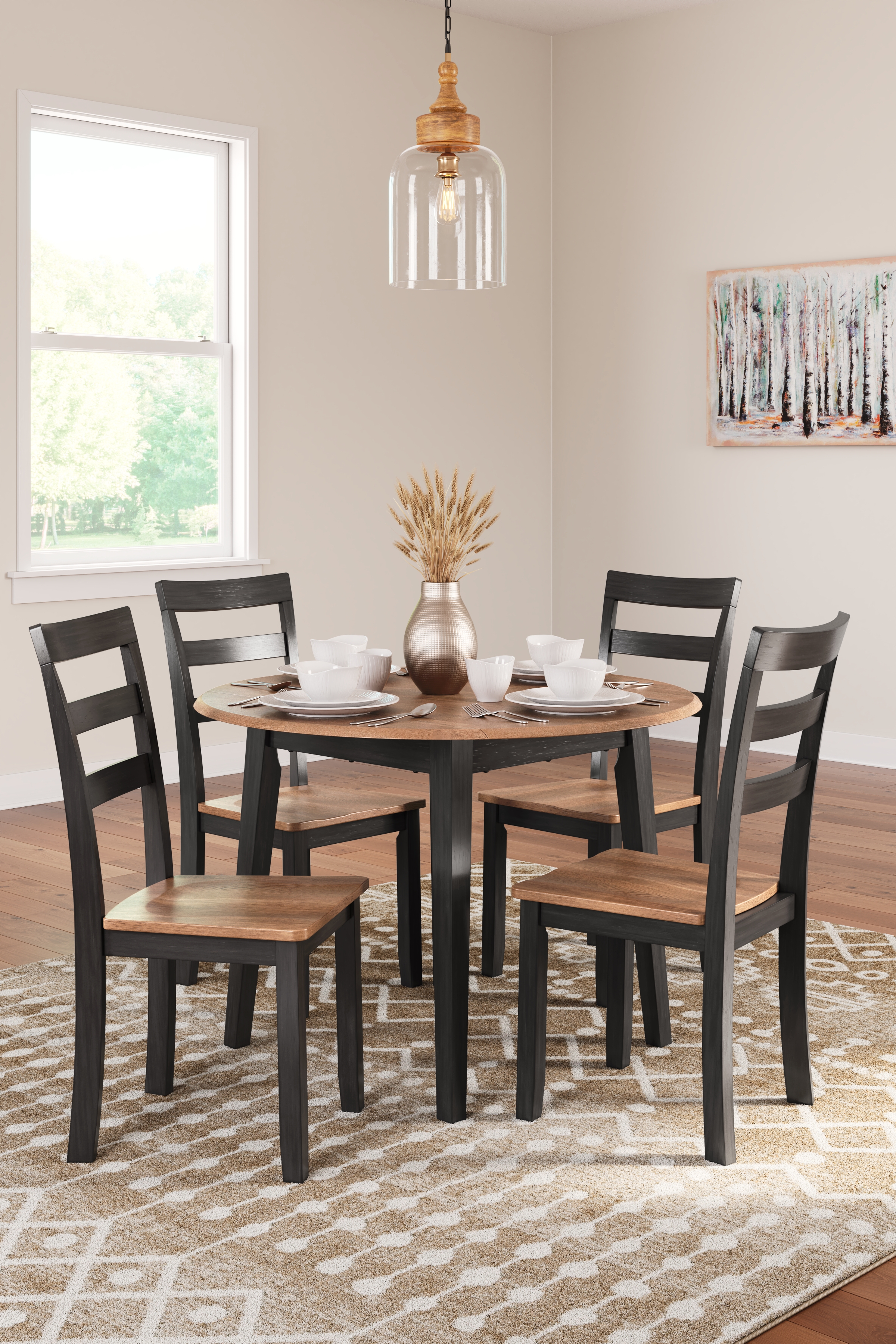 Gesthaven - 5 Pc. - Round Dining Room Drop Leaf Table, 4 Side Chairs - Natural / Brown