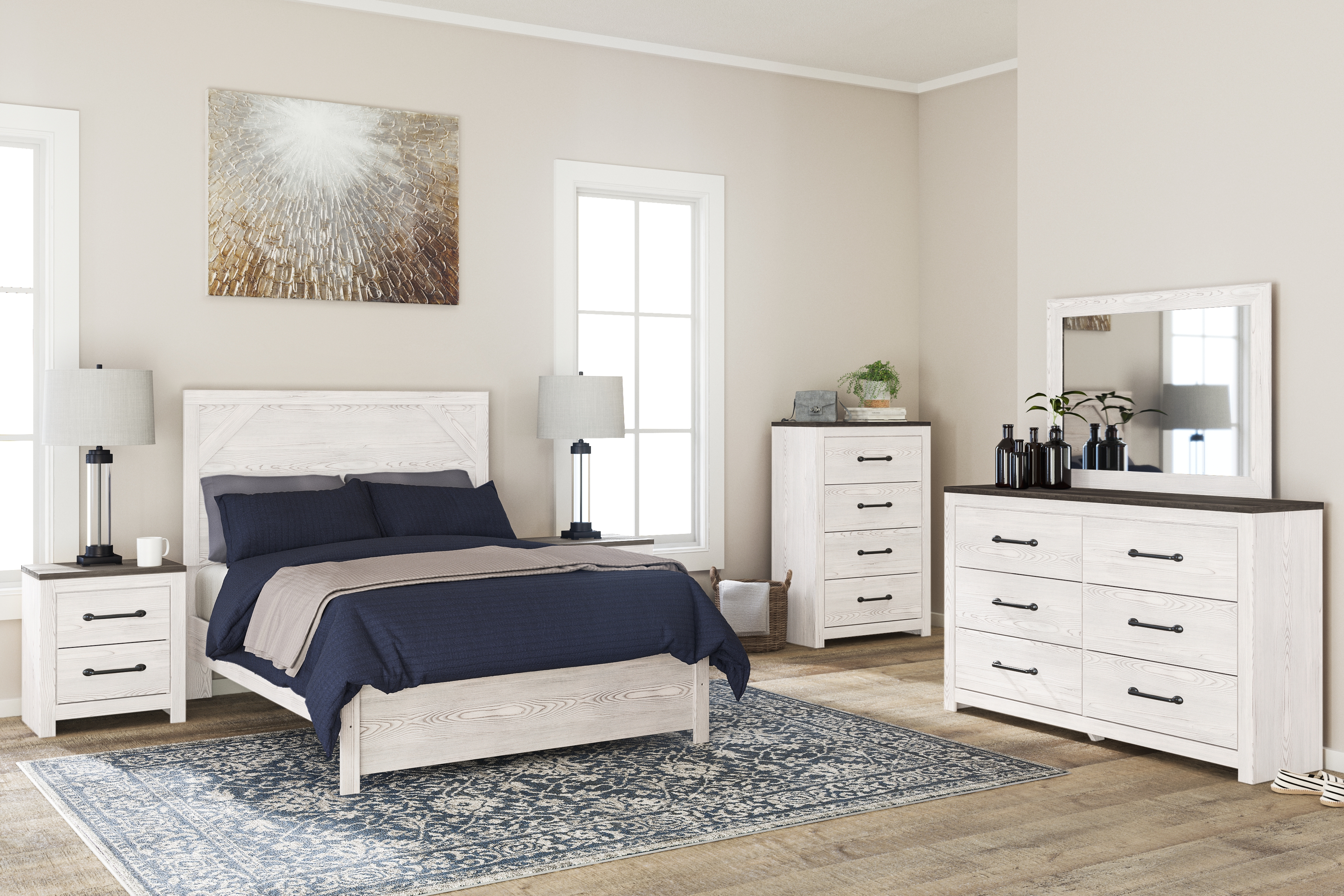 Gerridan - 5 Pc. - Dresser, Mirror, Chest, Full Panel Bed - White / Gray