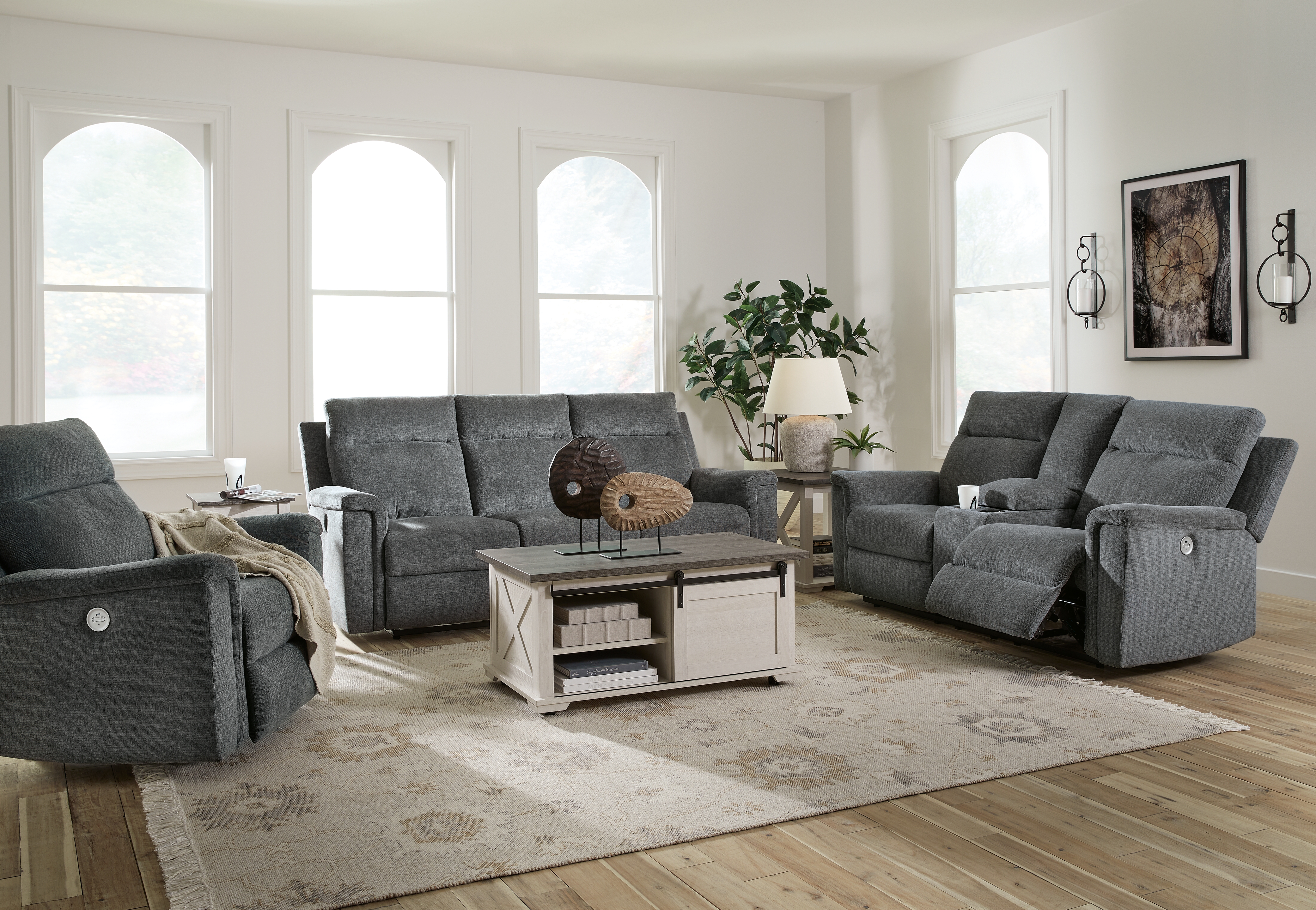 Barnsana - 3 Pc. - Power Reclining Sofa, Power Reclining Loveseat, Power Rocker Recliner - Gravel