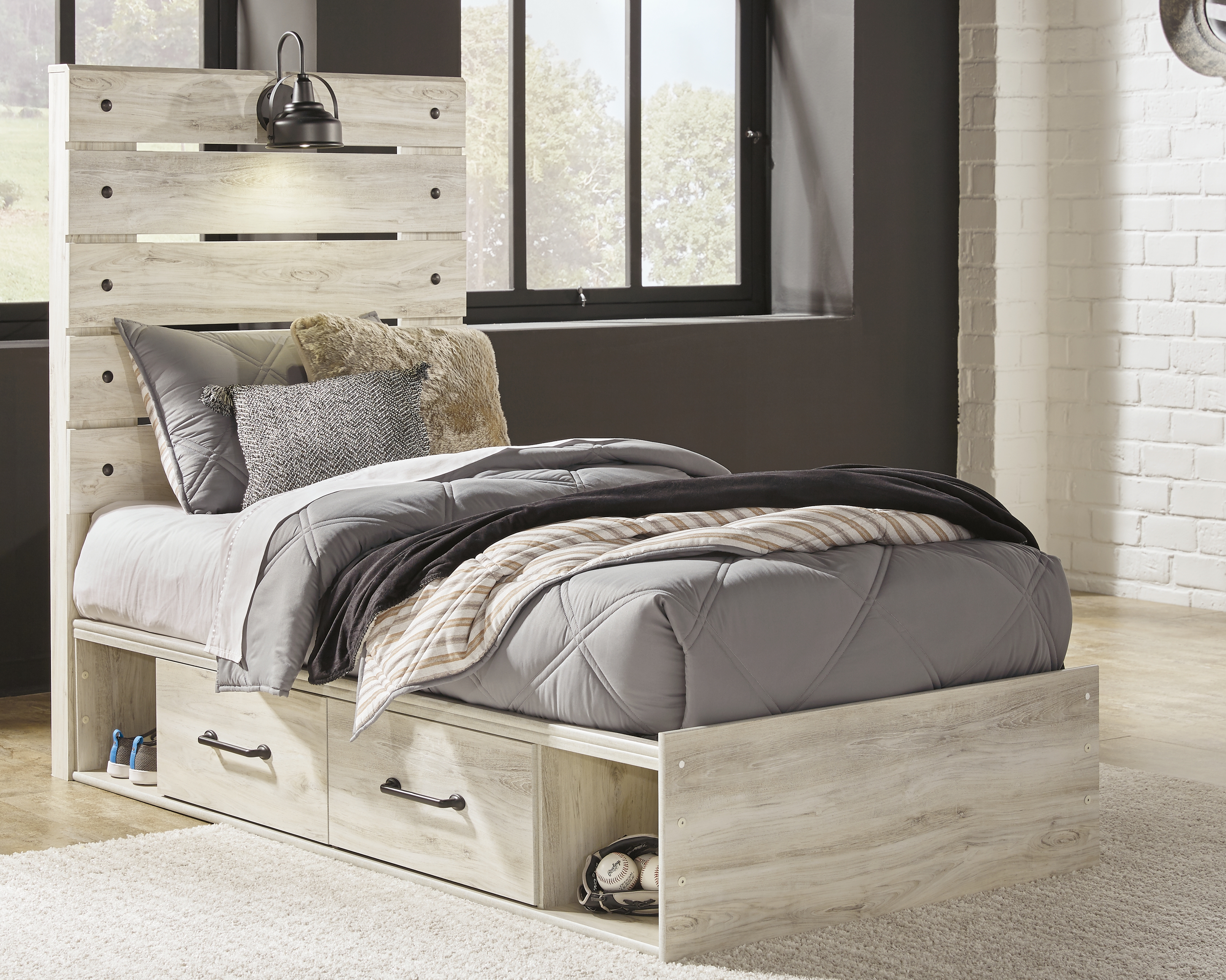 Cambeck - Twin Panel Bed with Side Storage Drawers - Whitewash