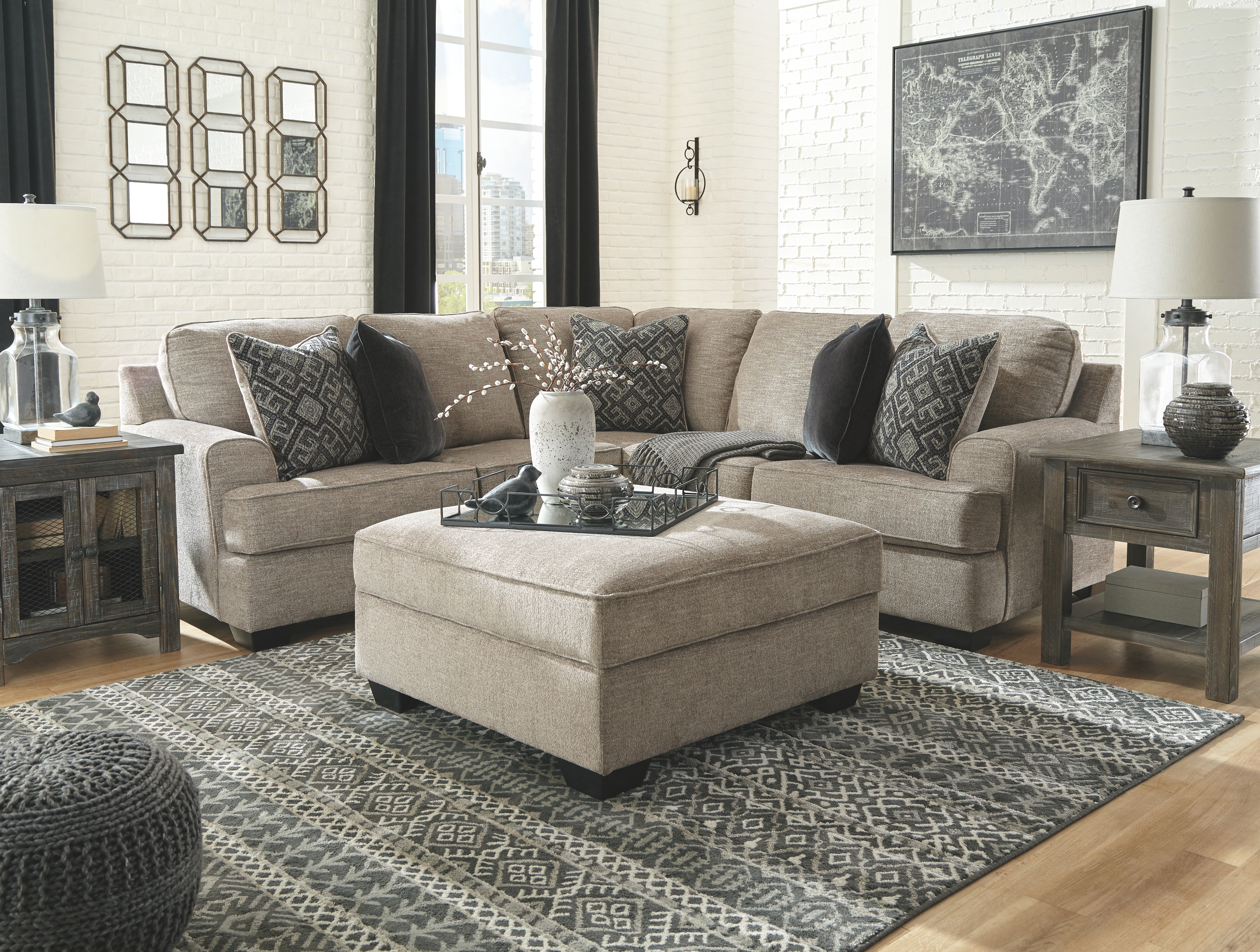 Bovarian - 3 Pc. - Right Arm Facing Sofa with Corner Wedge 2 Pc Sectional, Ottoman - Stone