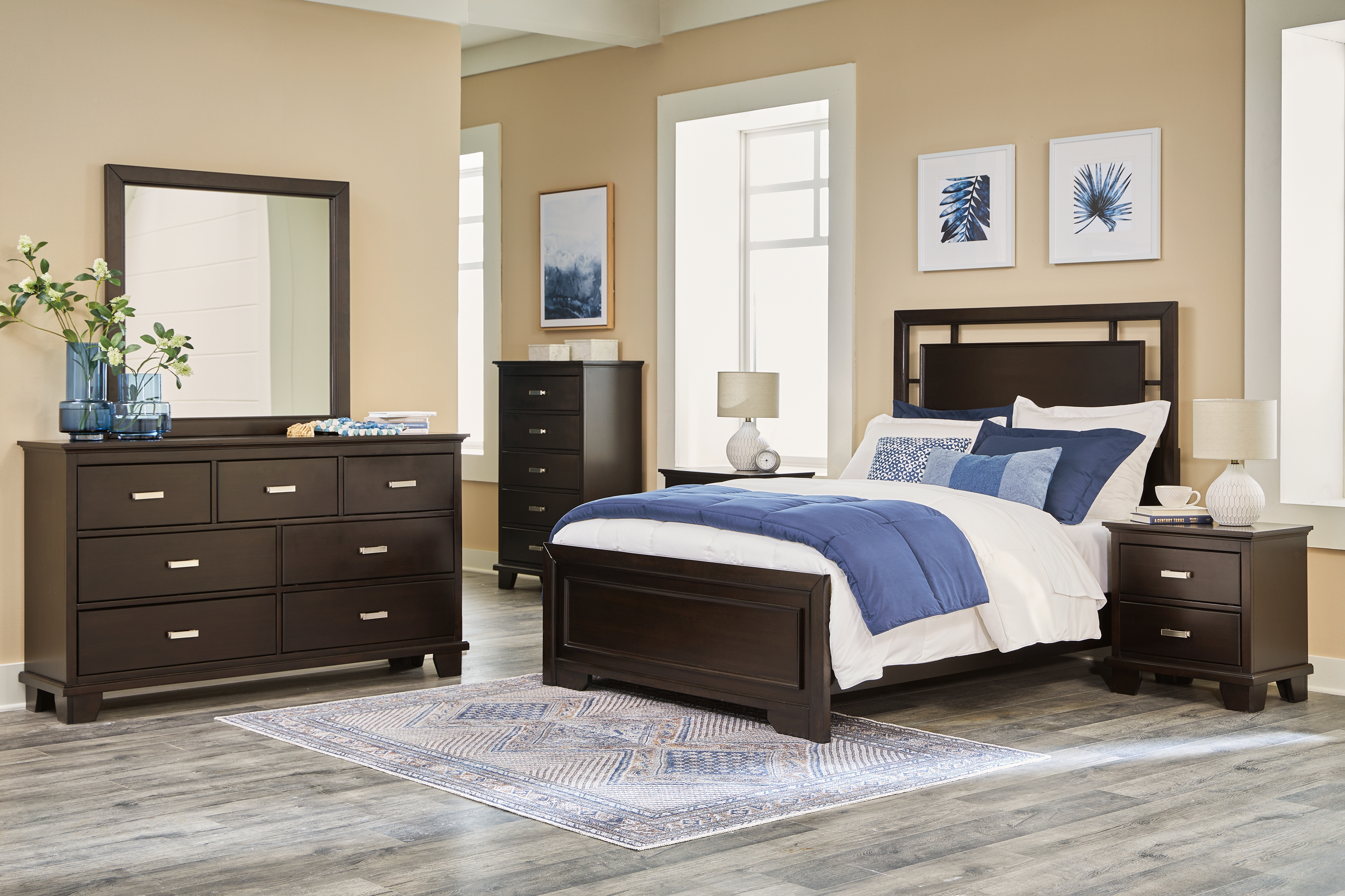 Covetown - 6 Pc. - Dresser, Mirror, Full Panel Bed, 2 Nightstands - Dark Brown