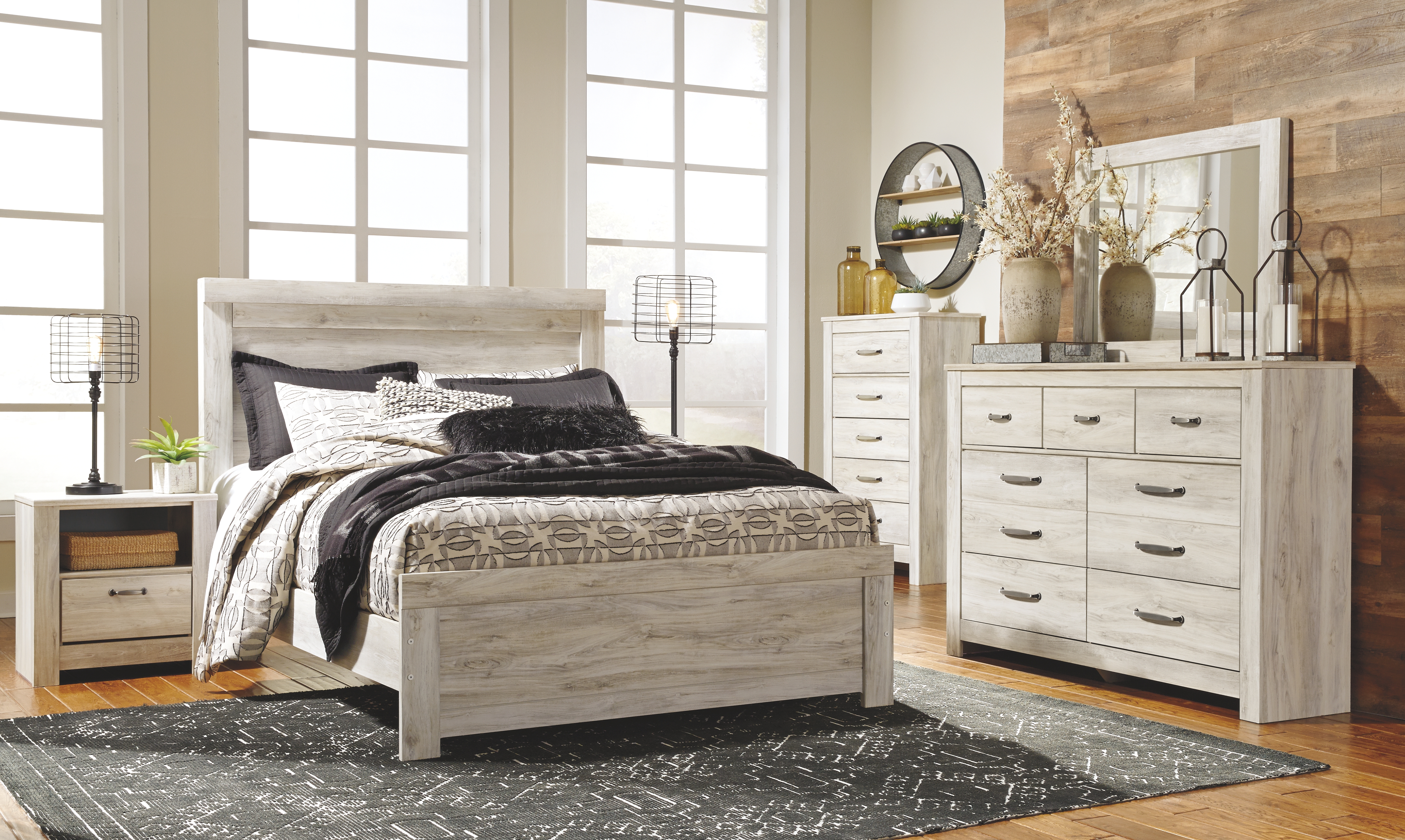 Bellaby - 5 Pc. - Dresser, Mirror, Queen Panel Bed - Whitewash