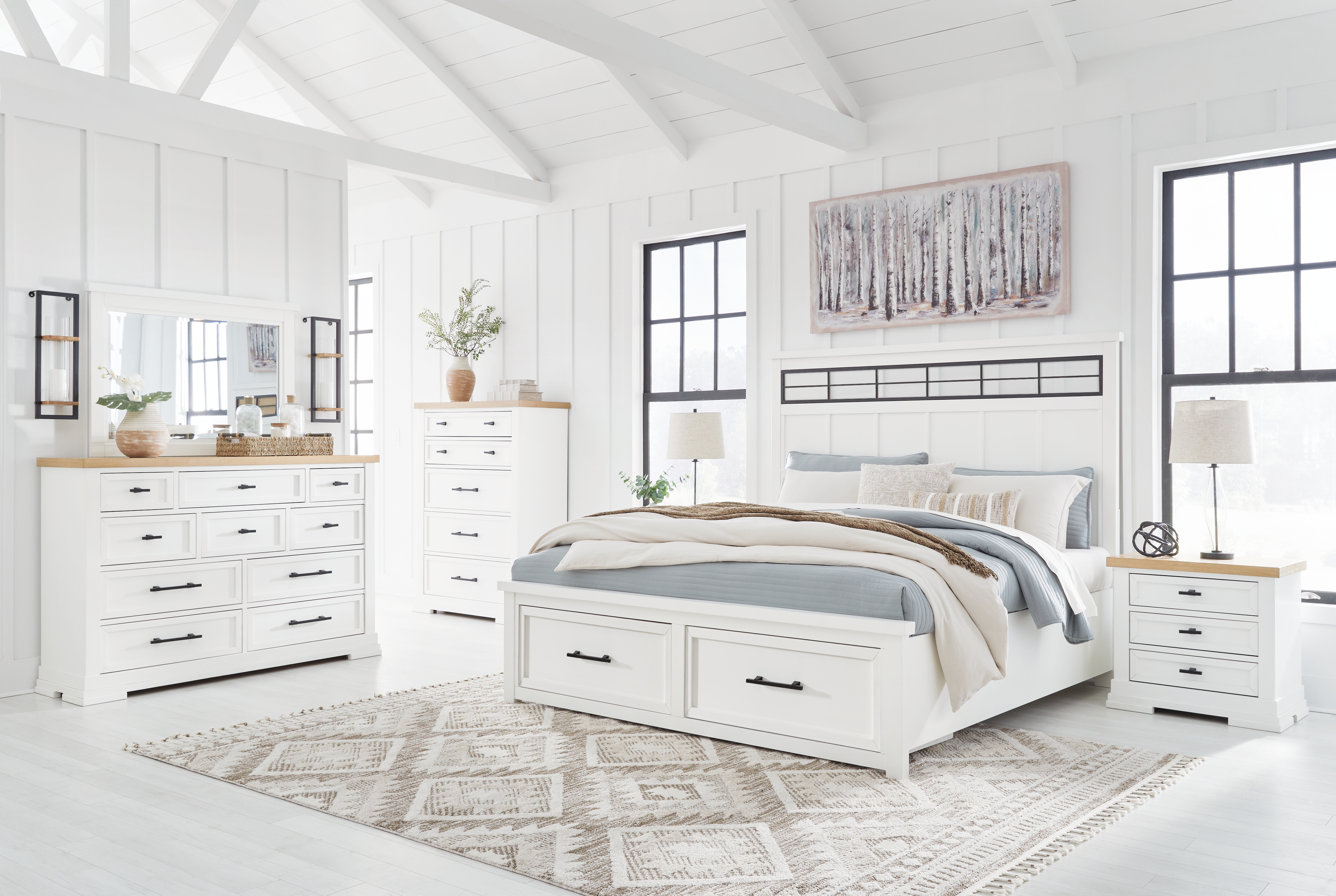 Ashbryn - 5 Pc. - Dresser, Mirror, King Panel Storage Bed - White / Natural