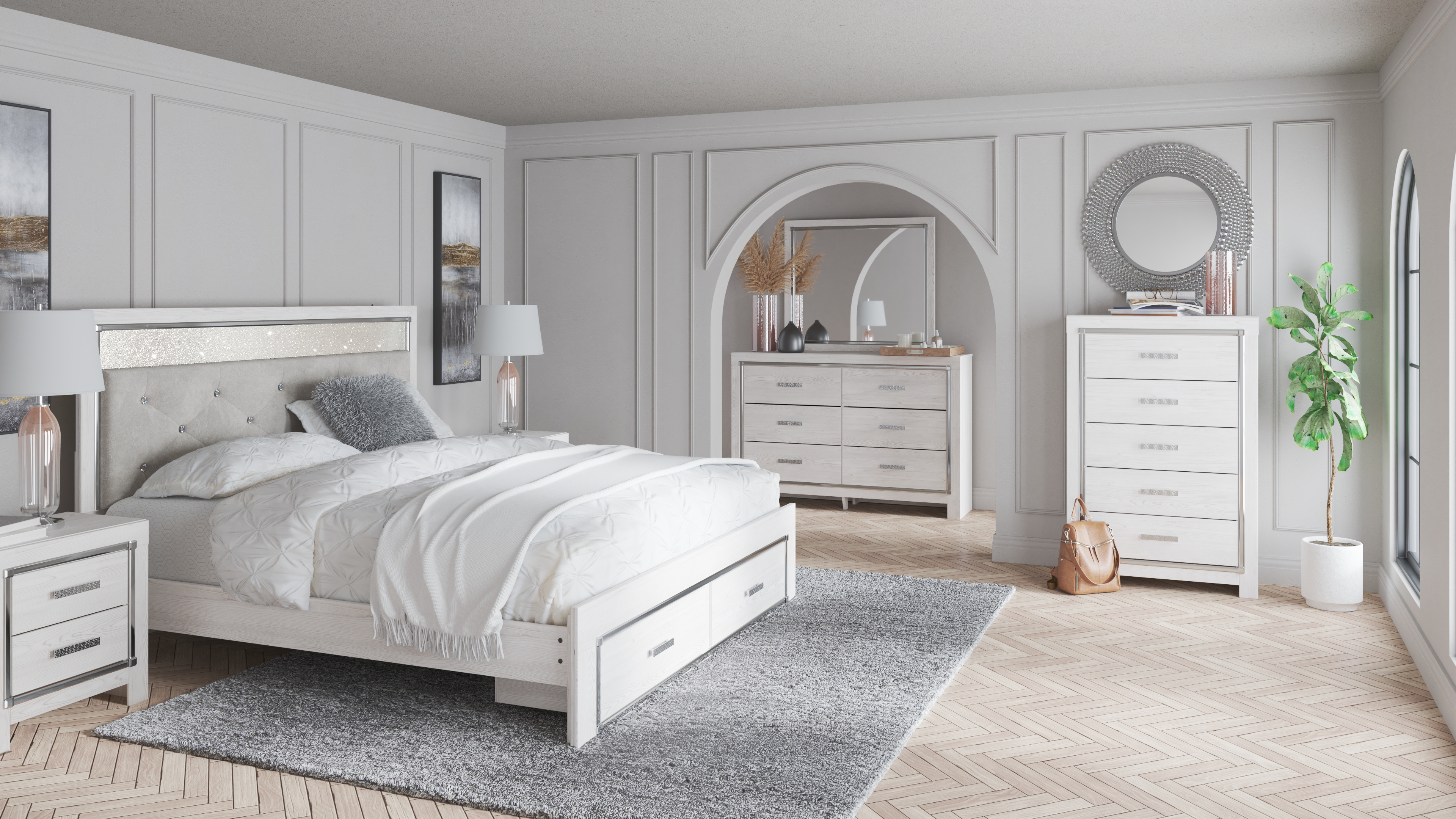 Altyra - King Upholstered Storage Bed - 6 Pc. - Dresser, Mirror, King Bed - White