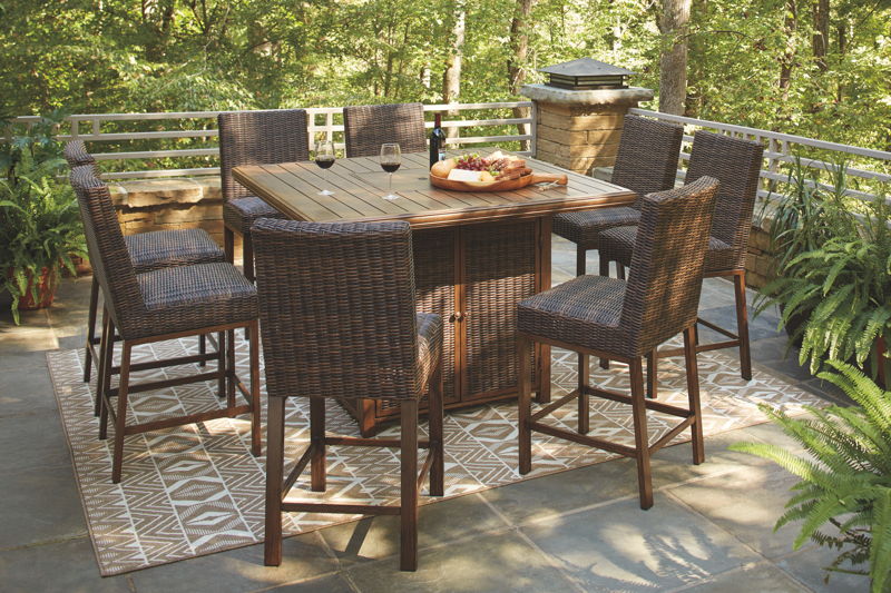 Paradise Trail - 9 Pc. - Fire Pit Table, 8 Barstools - Medium Brown