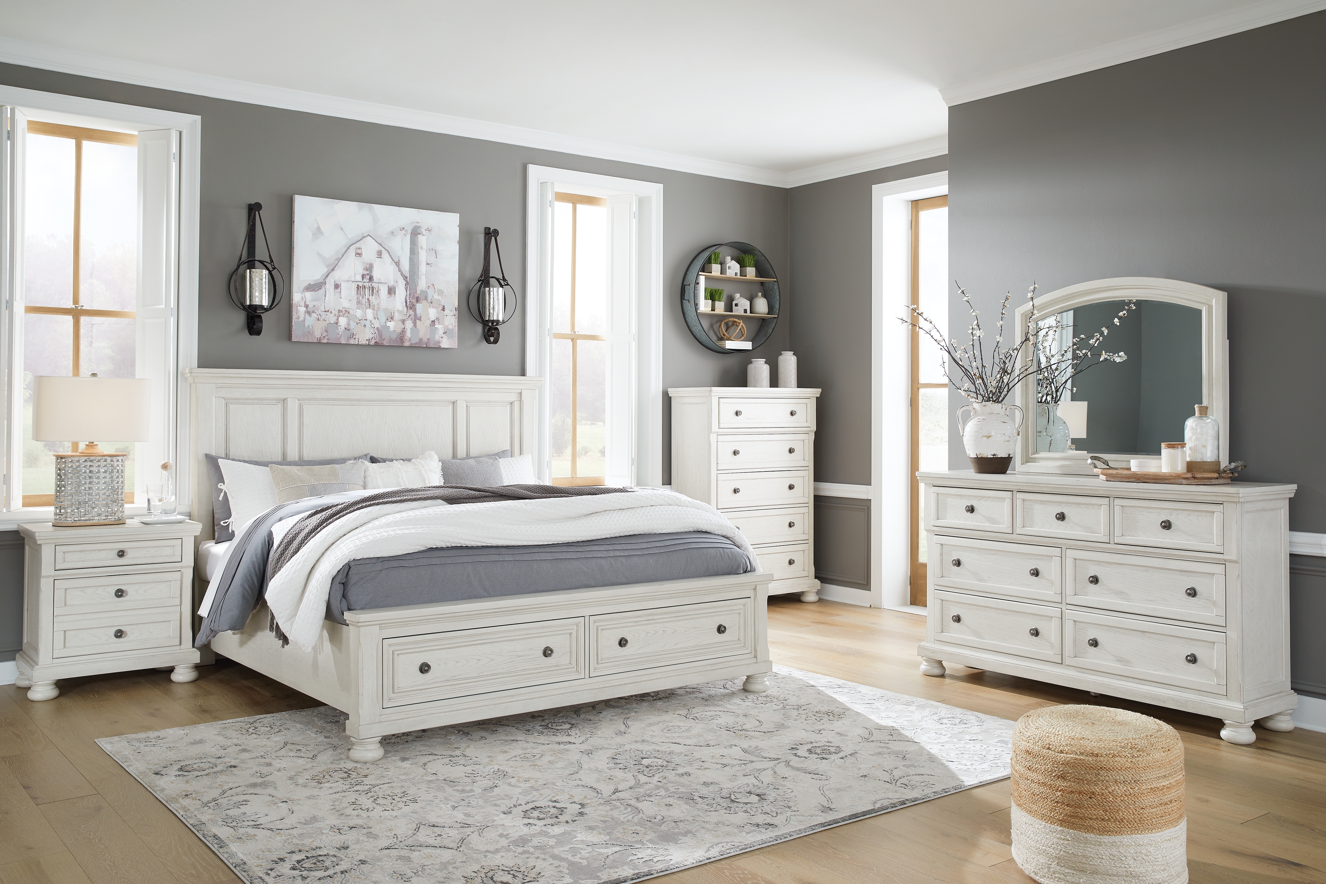 Robbinsdale - 7 Pc. - Dresser, Mirror, Queen Panel Storage Bed, 2 Nightstands - Antique White