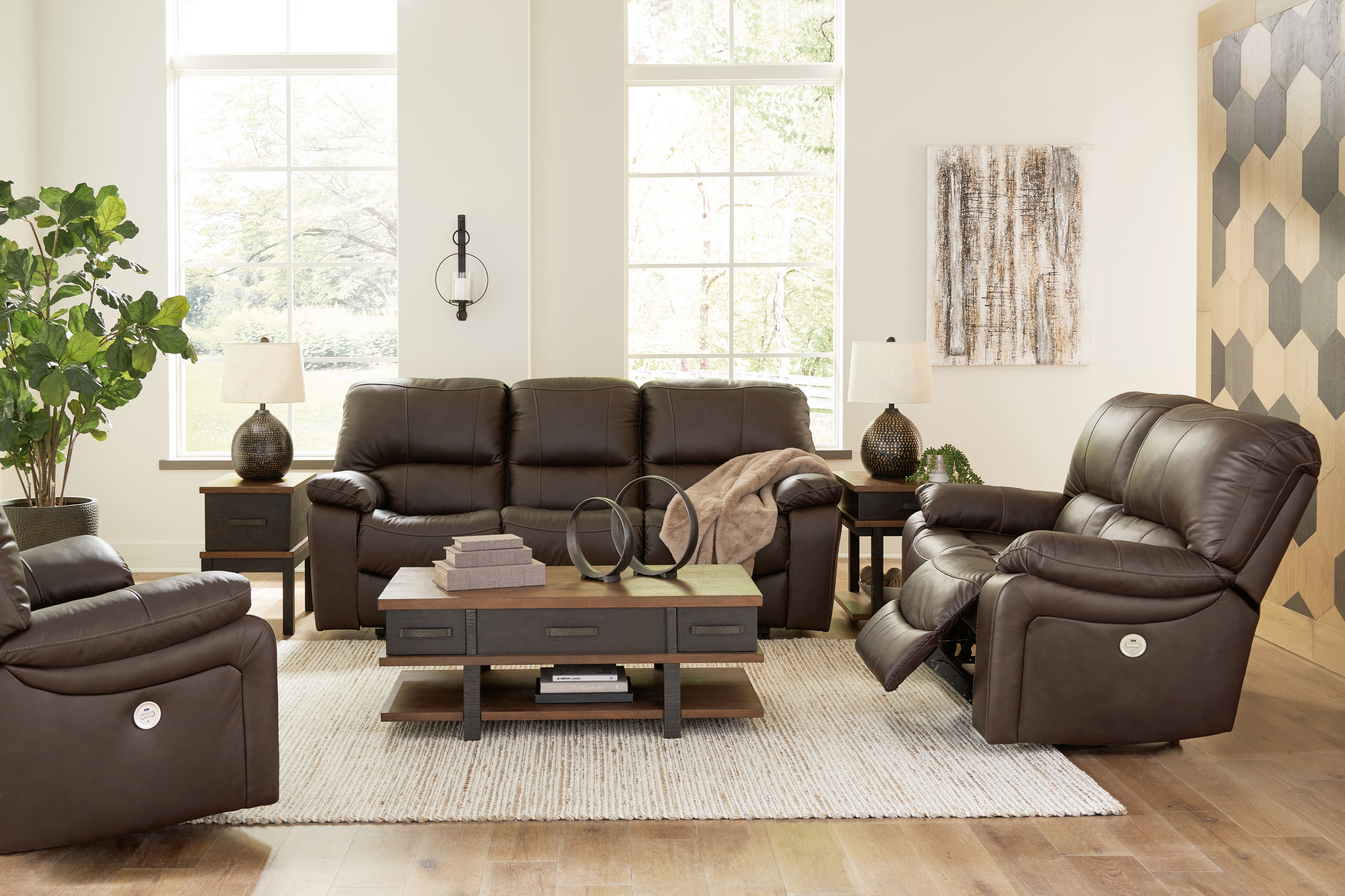 Leesworth - 3 Pc. - Power Reclining Sofa,  Loveseat, Rocker Recliner - Dark Brown