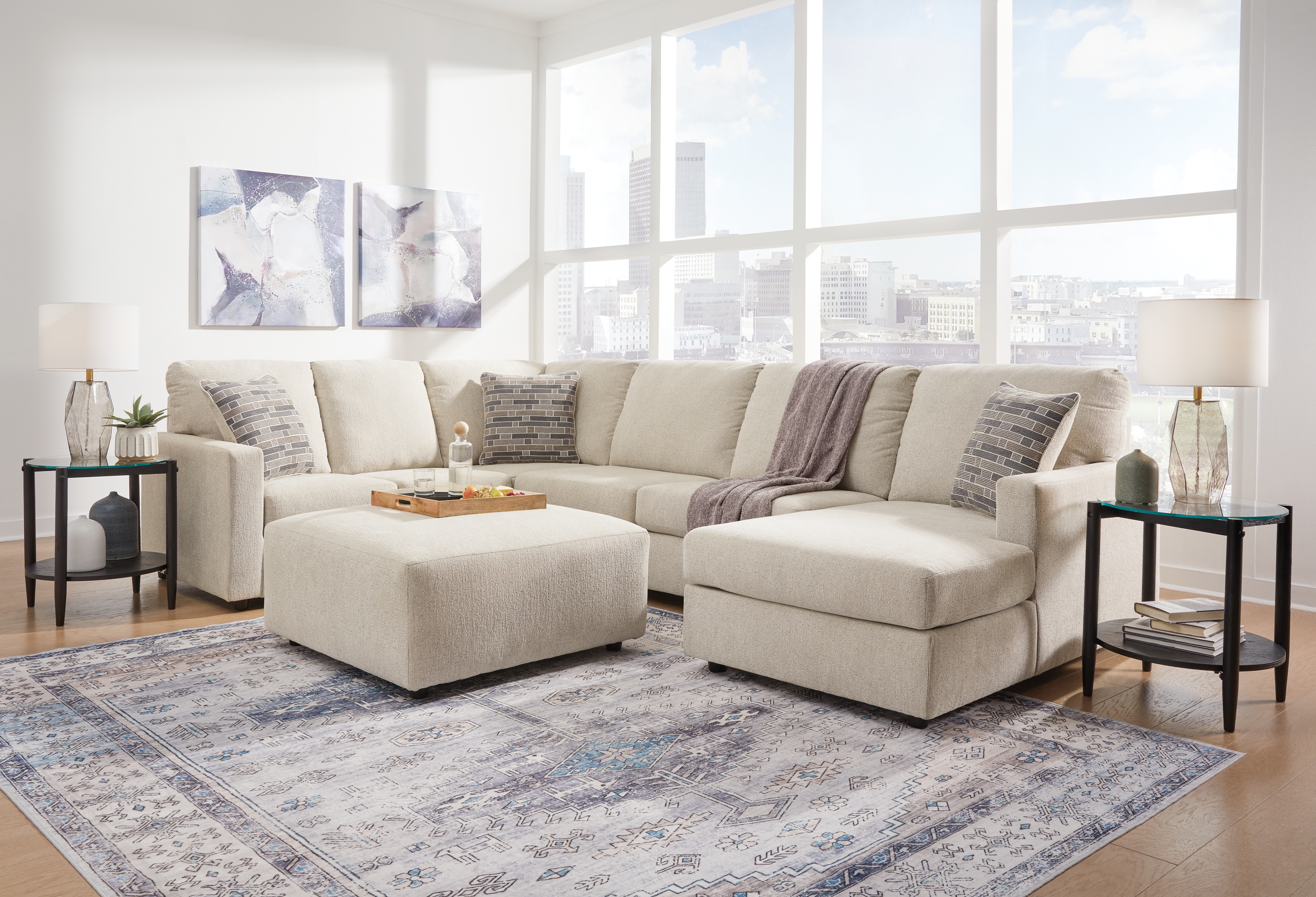 Edenfield - 4 Pc. - Right Arm Facing Corner Chaise 3 Pc Sectional, Ottoman - Linen