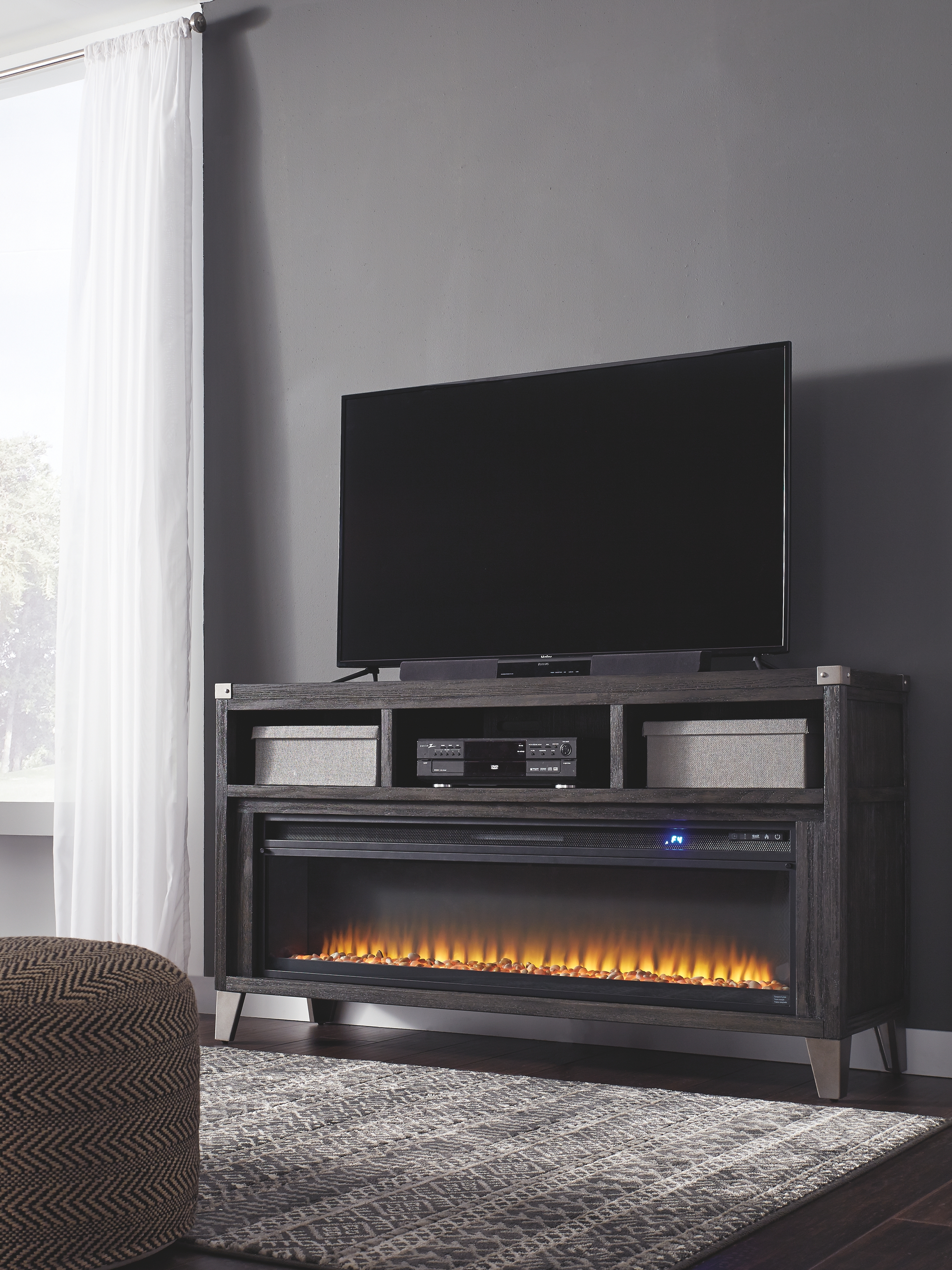 Todoe - 2 Pc. - 65" TV Stand with Wide Fireplace Insert - Gray