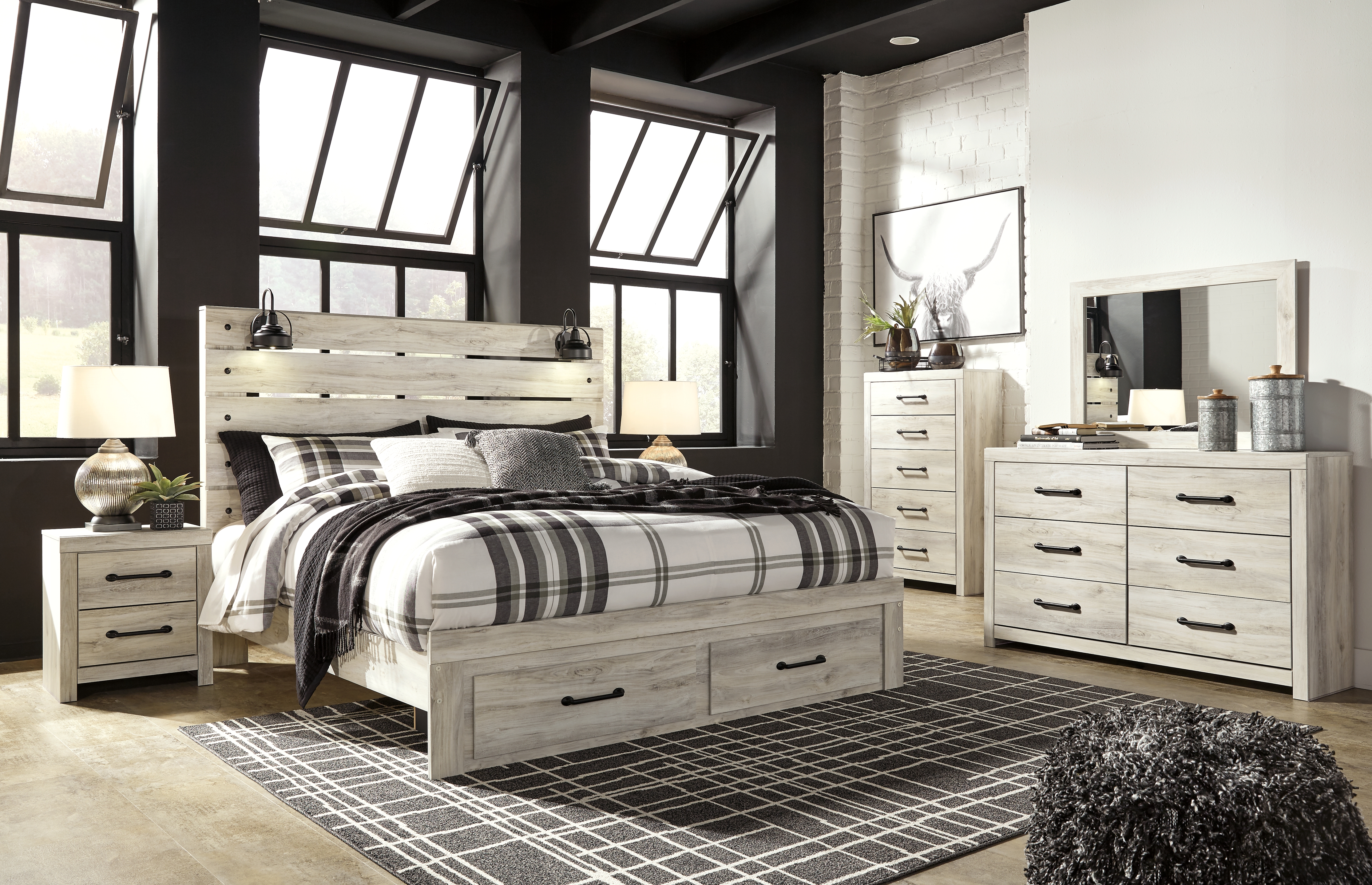 Cambeck - 6 Pc. - Dresser, Mirror, Chest, King Panel Bed with 2 Storage Drawers - Whitewash