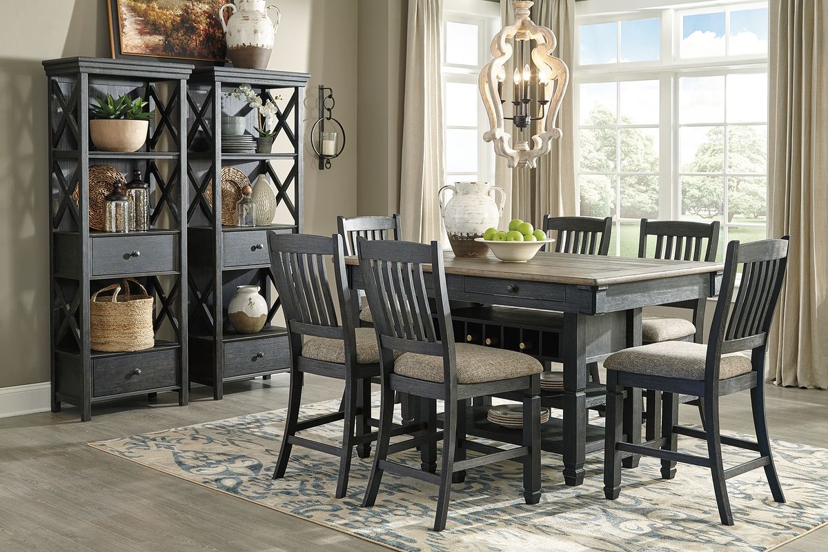 Tyler Creek - 9 Pc. - Counter Table, 6 Barstools, 2 Cabinets - Dark Gray