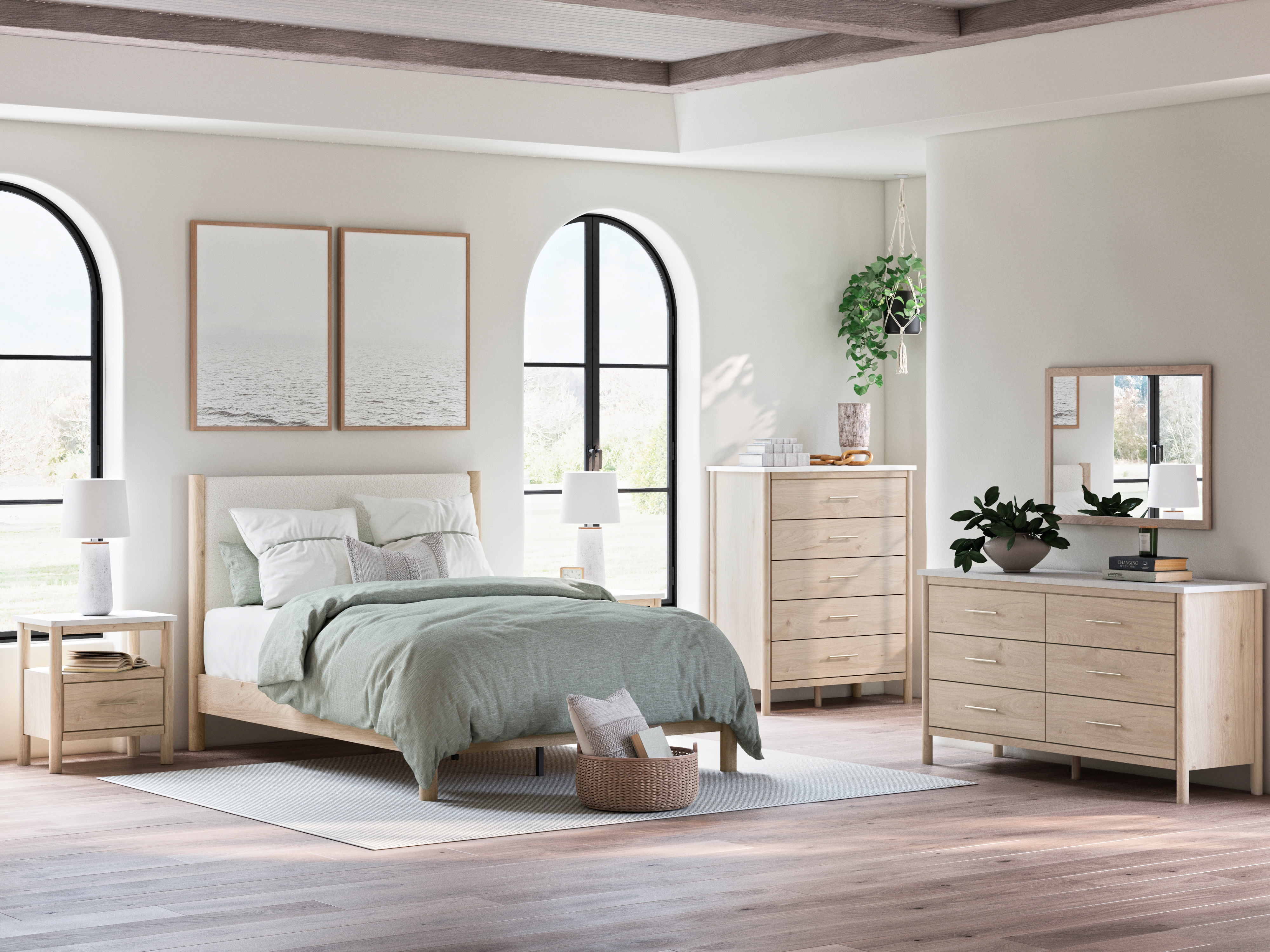 Cadmori - 8 Pc. - Dresser, Mirror, Chest, Queen Upholstered Panel Bed, 2 Nightstands - Two-tone