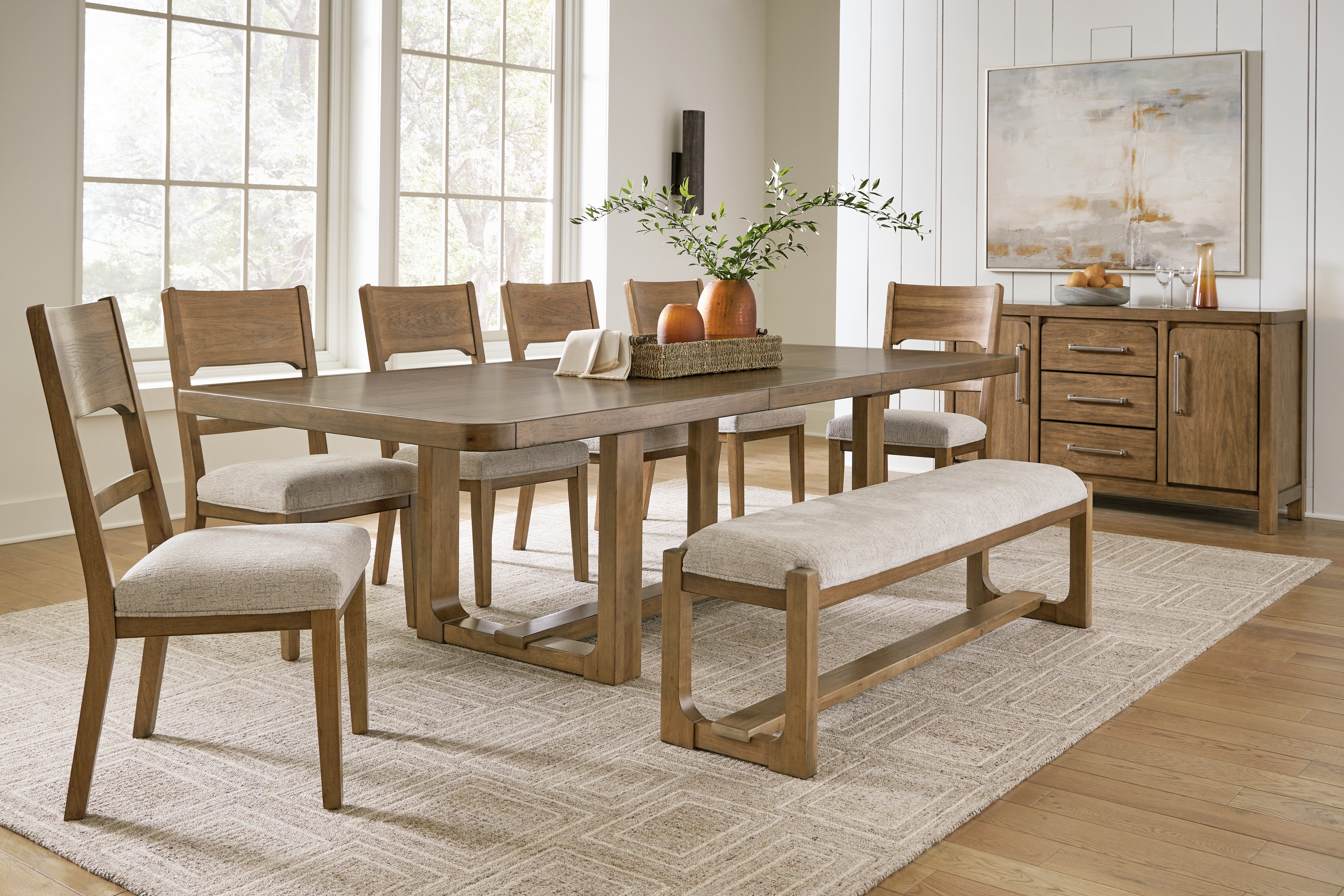 Cabalynn - 9 Pc. - Dining Room Table, 6 Side Chairs, Bench, Server - Oatmeal / Light Brown
