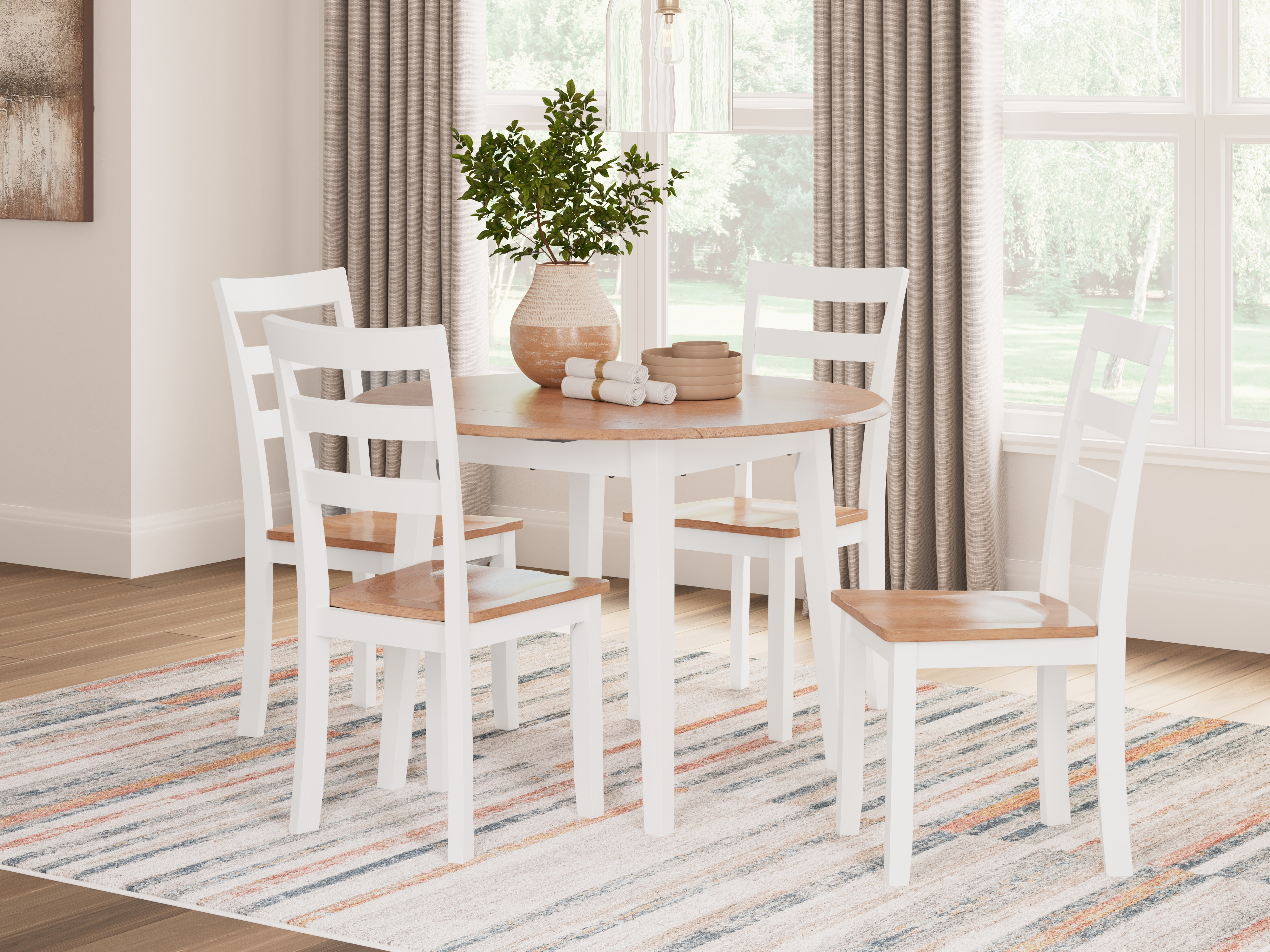 Gesthaven - 5 Pc. - Round Dining Room Drop Leaf Table, 4 Side Chairs - Natural / White