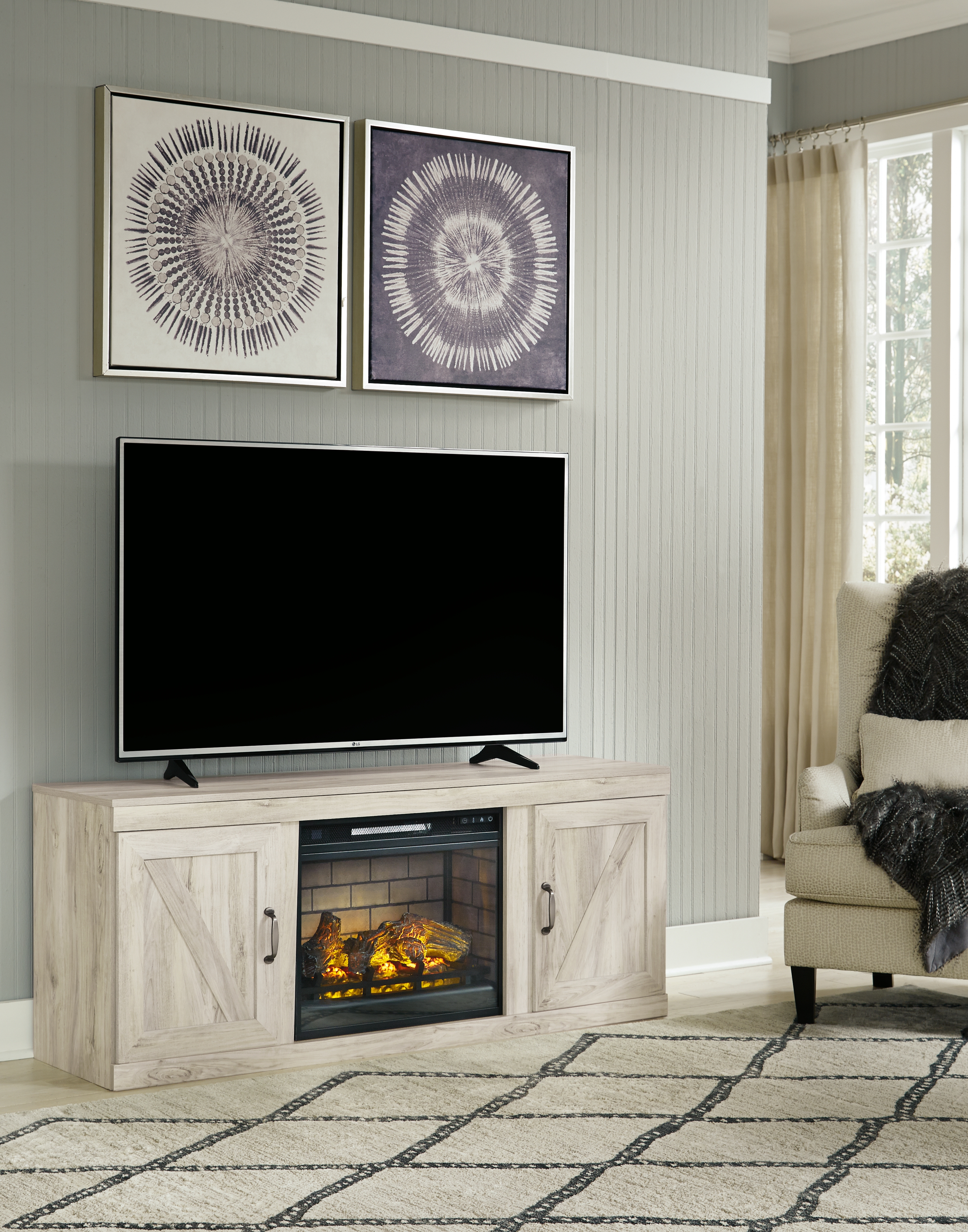 Bellaby - TV Stand With Faux Firebrick Fireplace Insert - Whitewash