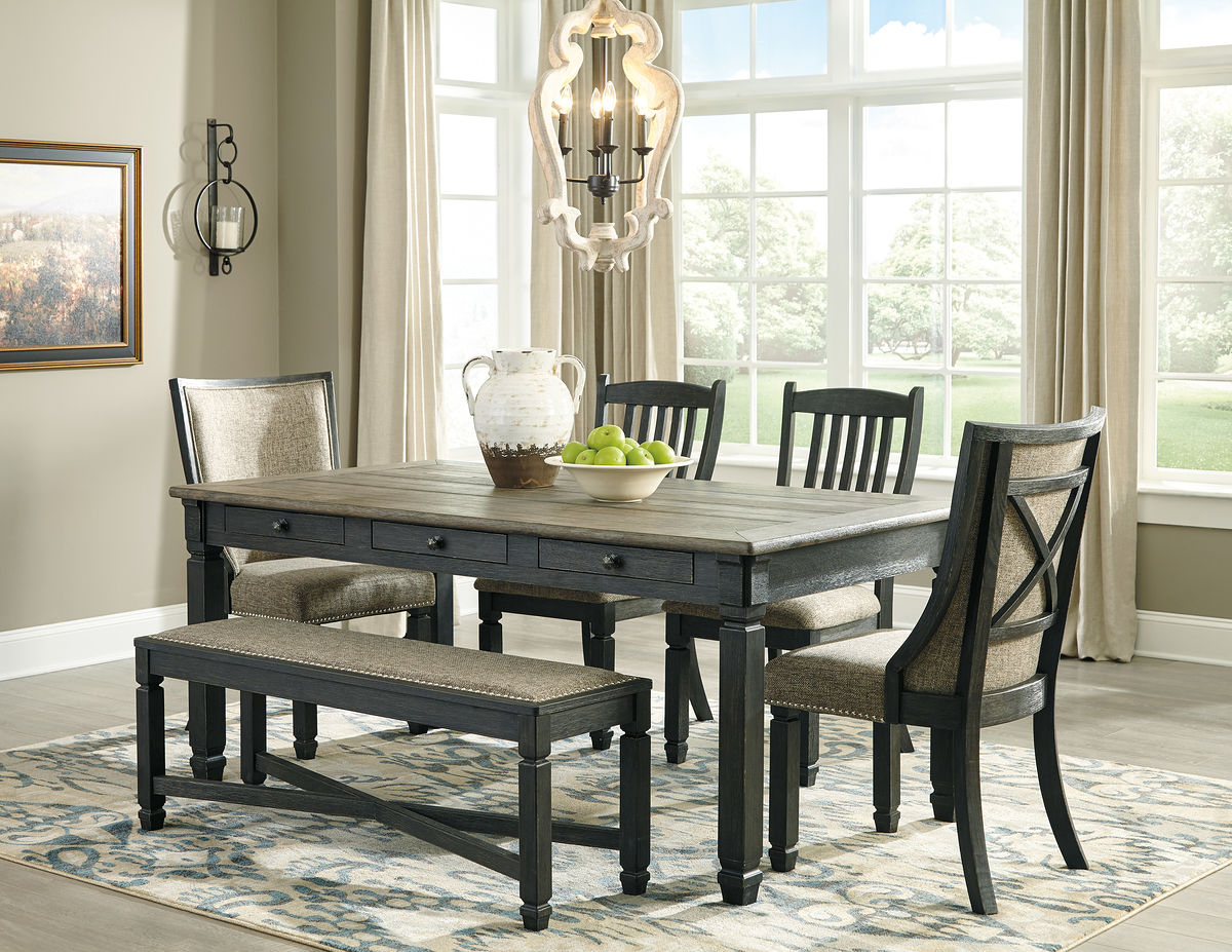 Tyler Creek - 6 Pc. - Dining Room Table, 2 Side Chairs, 2 Upholstered Side Chairs, Bench - Dark Gray
