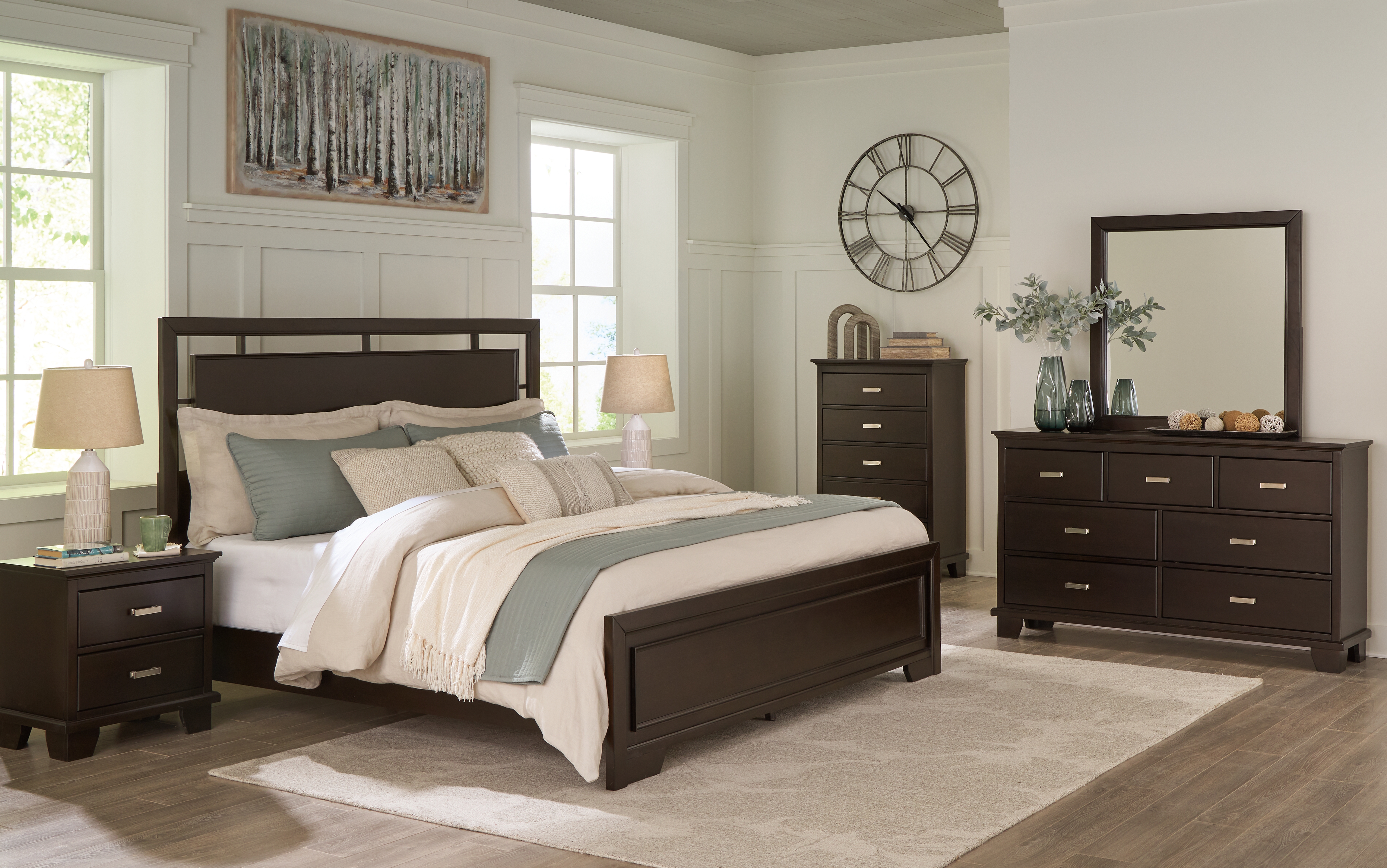 Covetown - 4 Pc. - Dresser, Mirror, King Panel Bed - Dark Brown