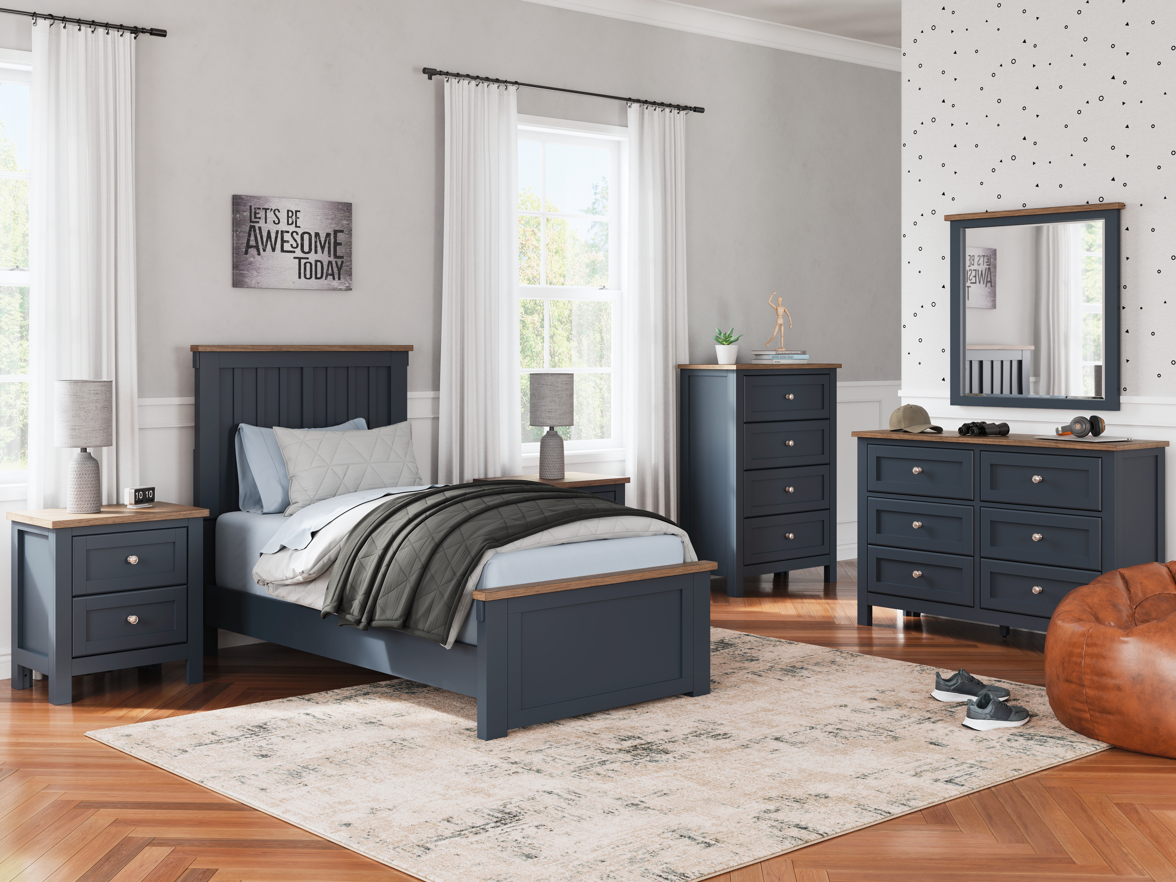 Landocken - 5 Pc. - Dresser, Mirror, Twin Panel Bed - Brown / Blue