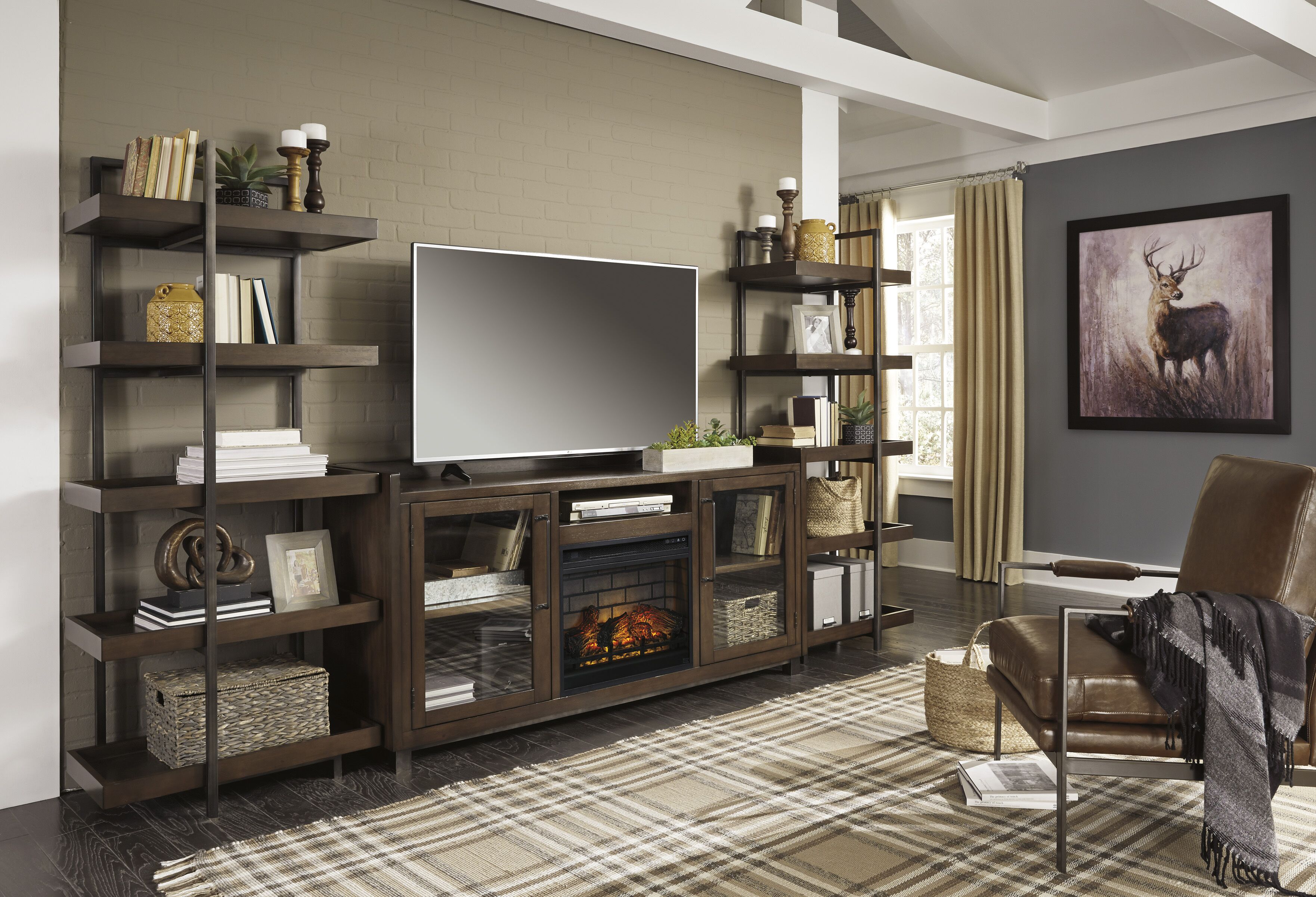 Starmore - 4 Pc. - Entertainment Center - 70" TV Stand with Faux Firebrick Fireplace Insert - Brown / Gunmetal
