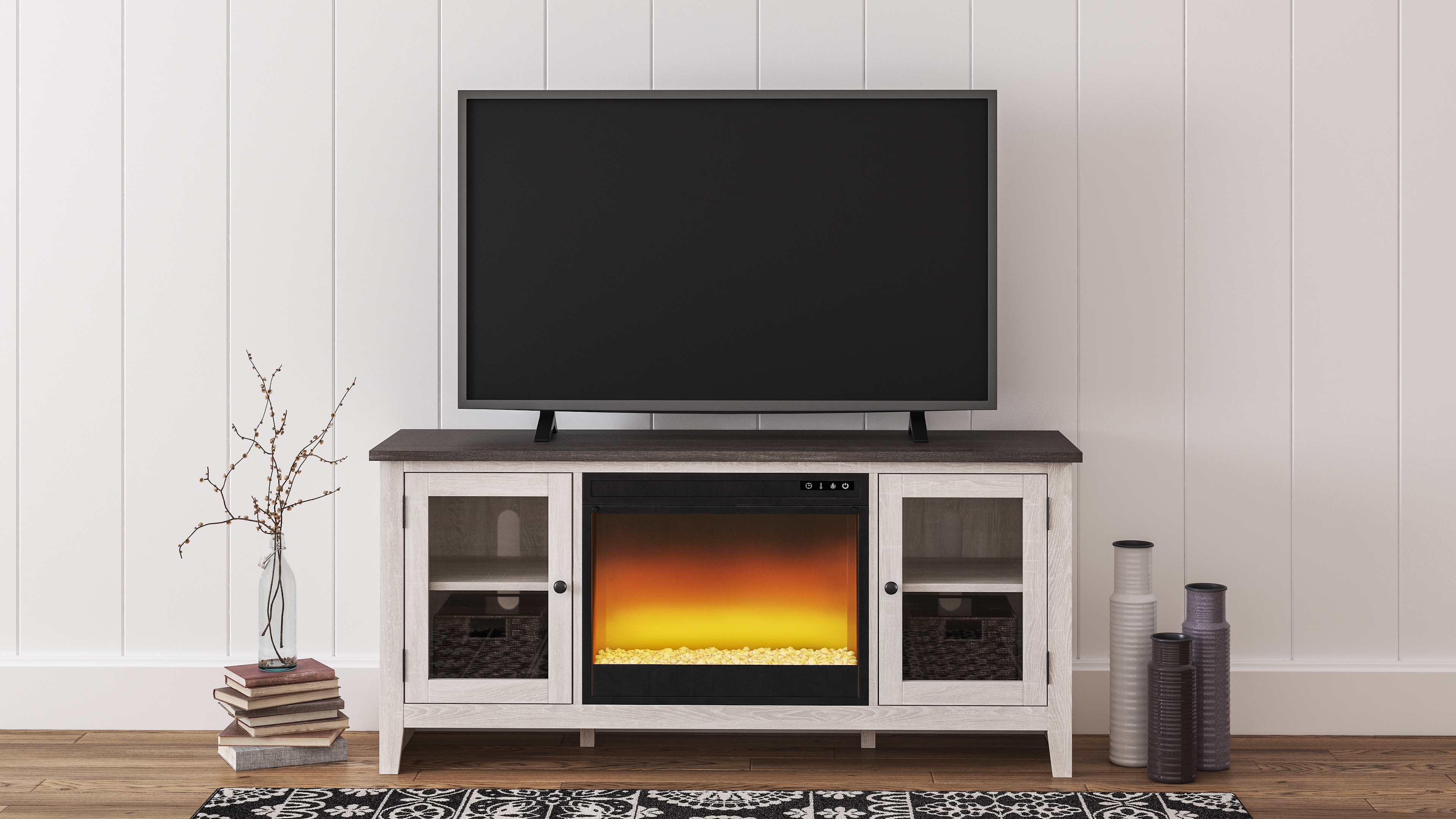 Dorrinson - 60" TV Stand with Fireplace Insert Glass/Stone - White / Black / Gray