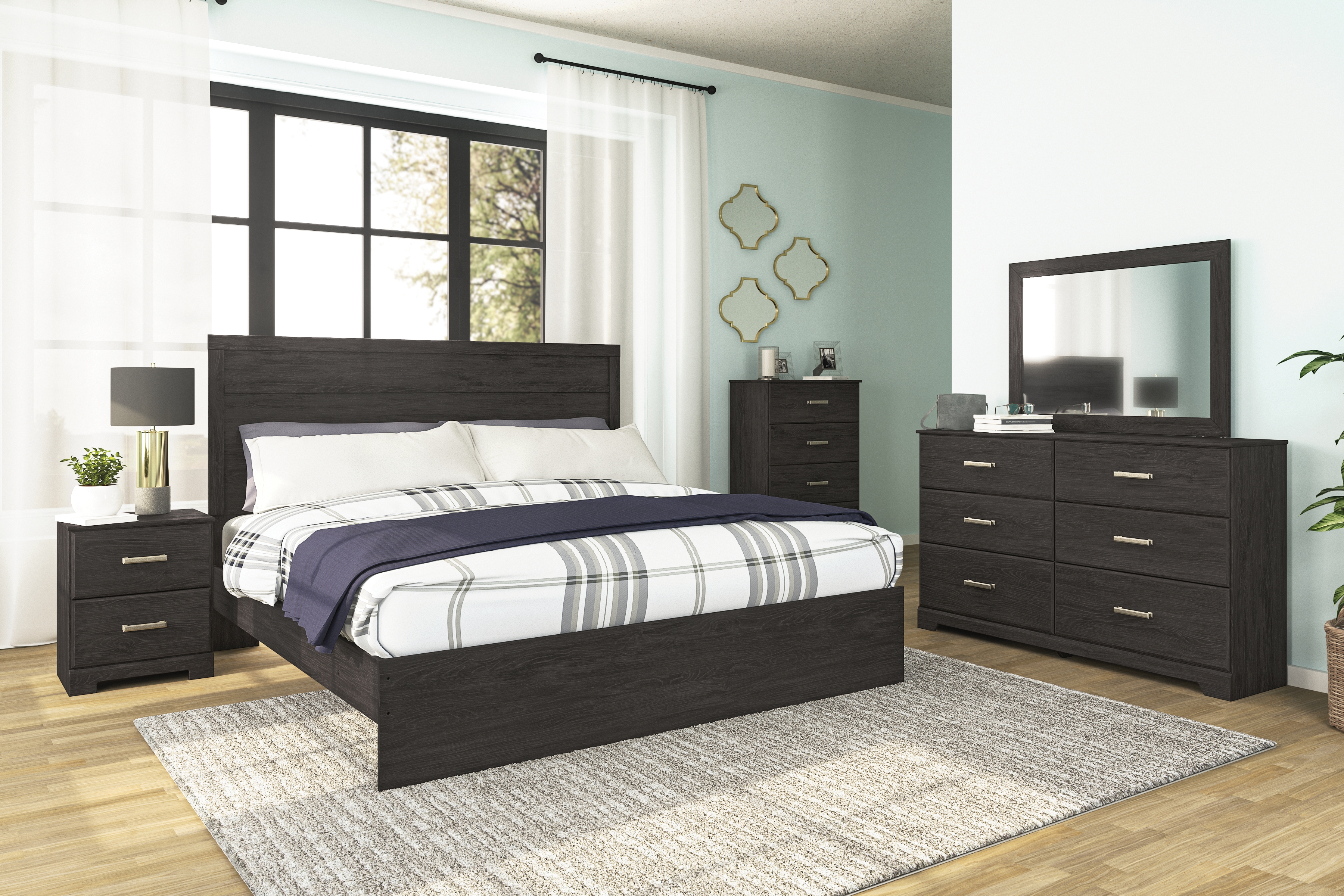 Belachime - 4 Pc. - Dresser, Mirror, King Panel Bed - Black