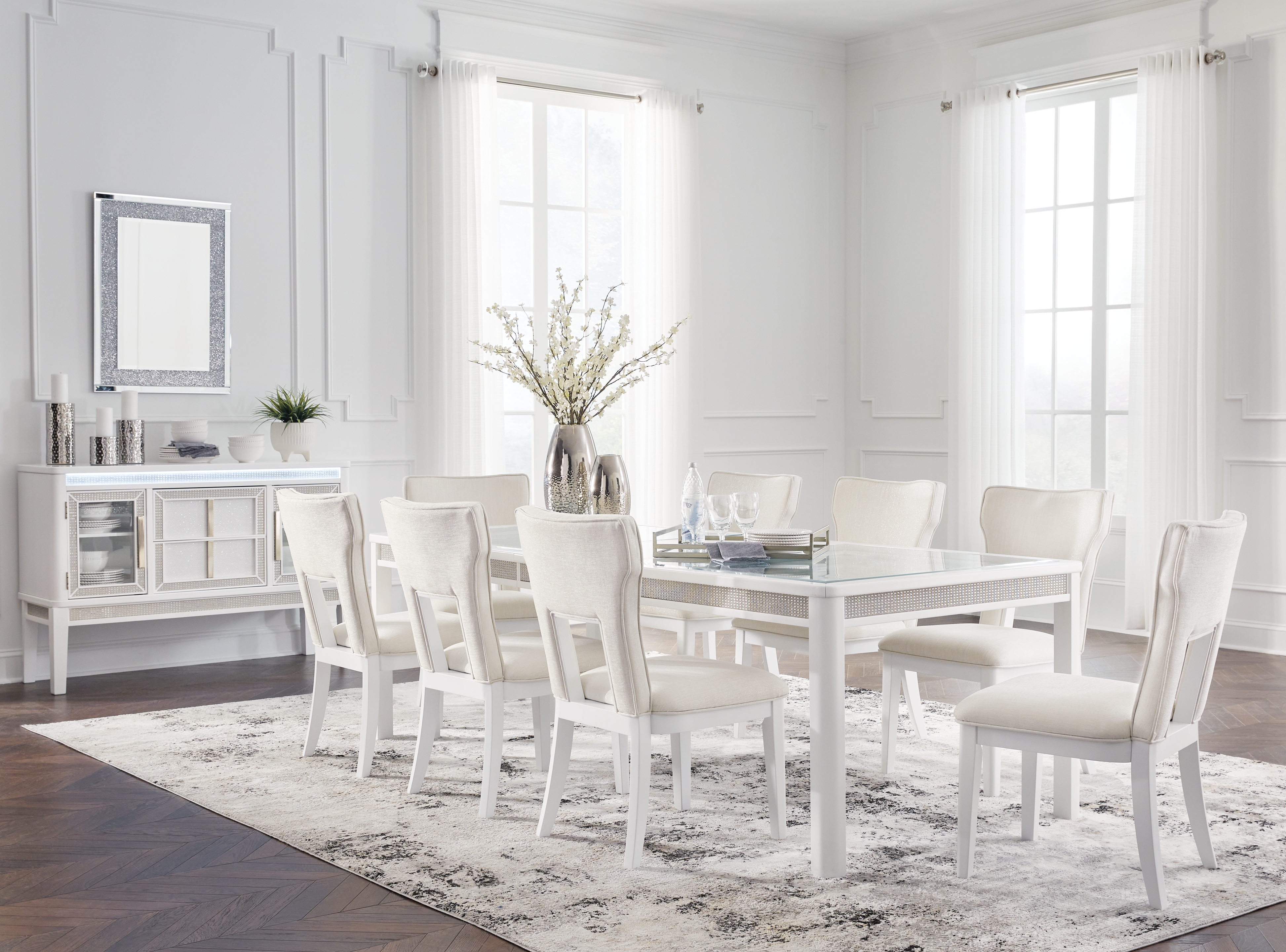 Chalanna - 10 Pc. - Rectangular Dining Room Extension Table, 8 Side Chairs, Server - White