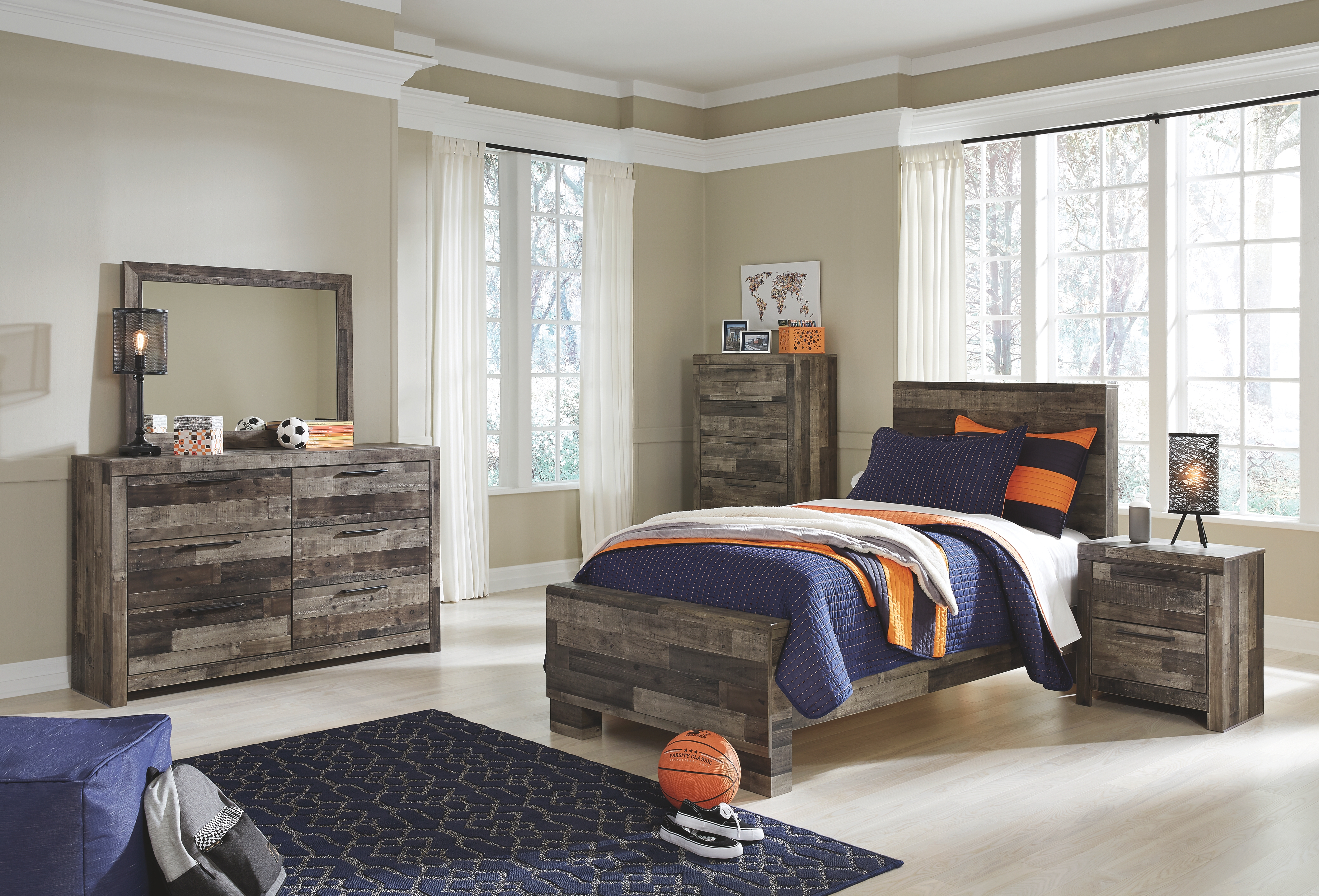Derekson - 7 Pc. - Twin Panel Bed, Dresser, Mirror, Chest, Nightstand - Multi Gray