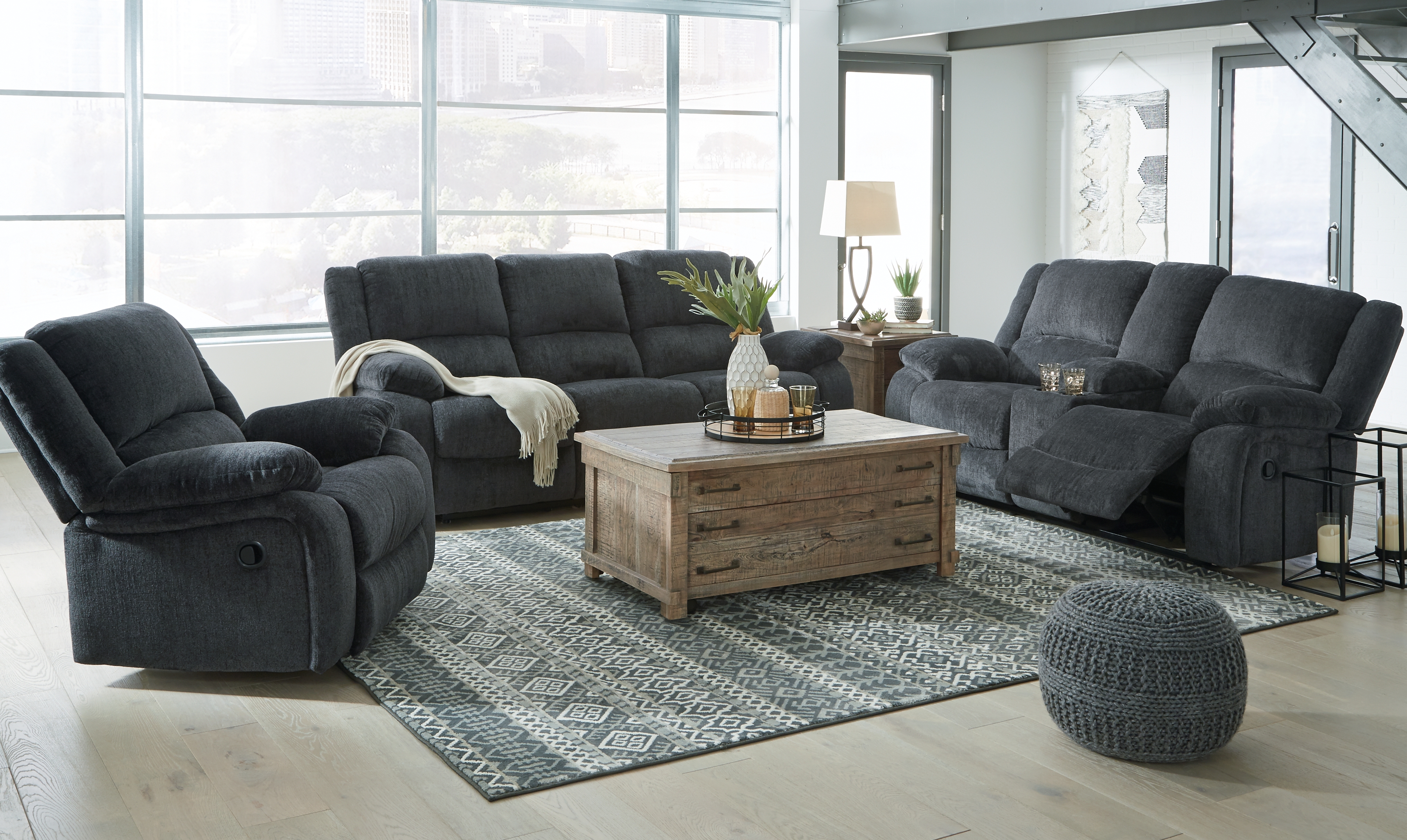 Draycoll - 3 Pc. - Reclining Sofa, Loveseat, Rocker Recliner - Dark Gray