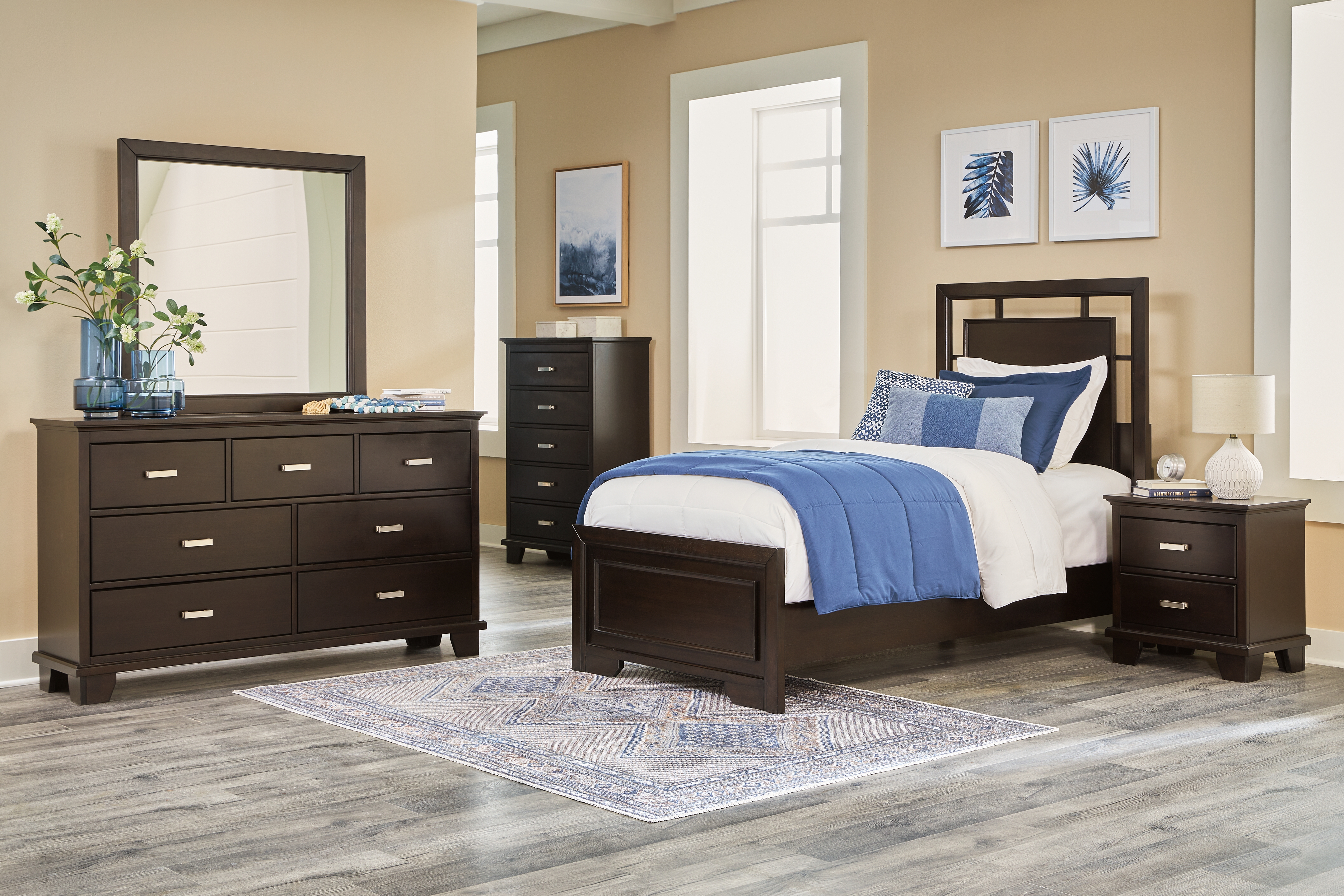 Covetown - 6 Pc. - Dresser, Mirror, Twin Panel Bed, 2 Nightstands - Dark Brown