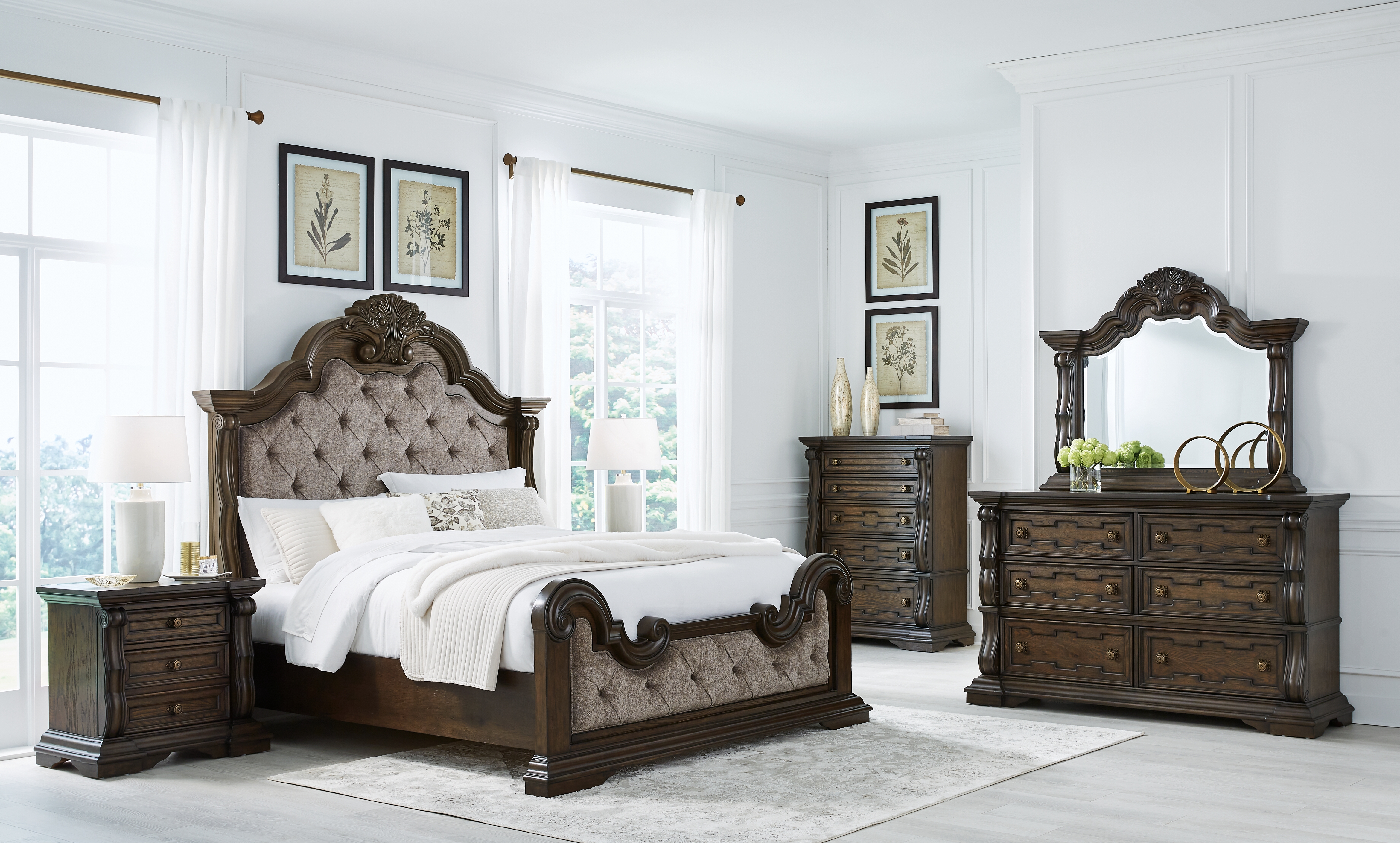 Maylee - 6 Pc. - Dresser, Mirror, Chest, California King Upholstered Bed - Dark Brown