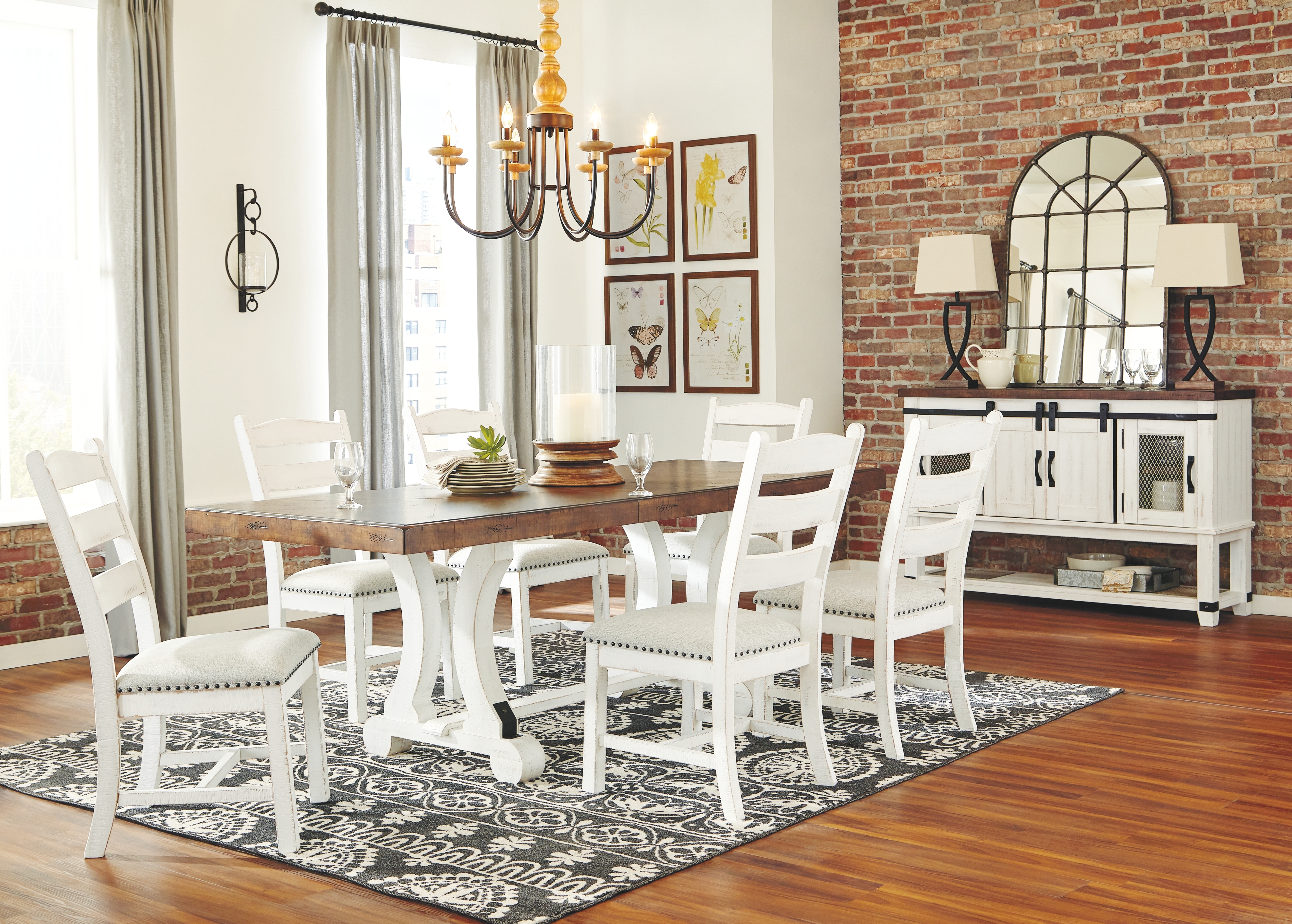 Valebeck - 8 Pc. - Dining Room Table, 6 Side Chairs, Server - White / Brown