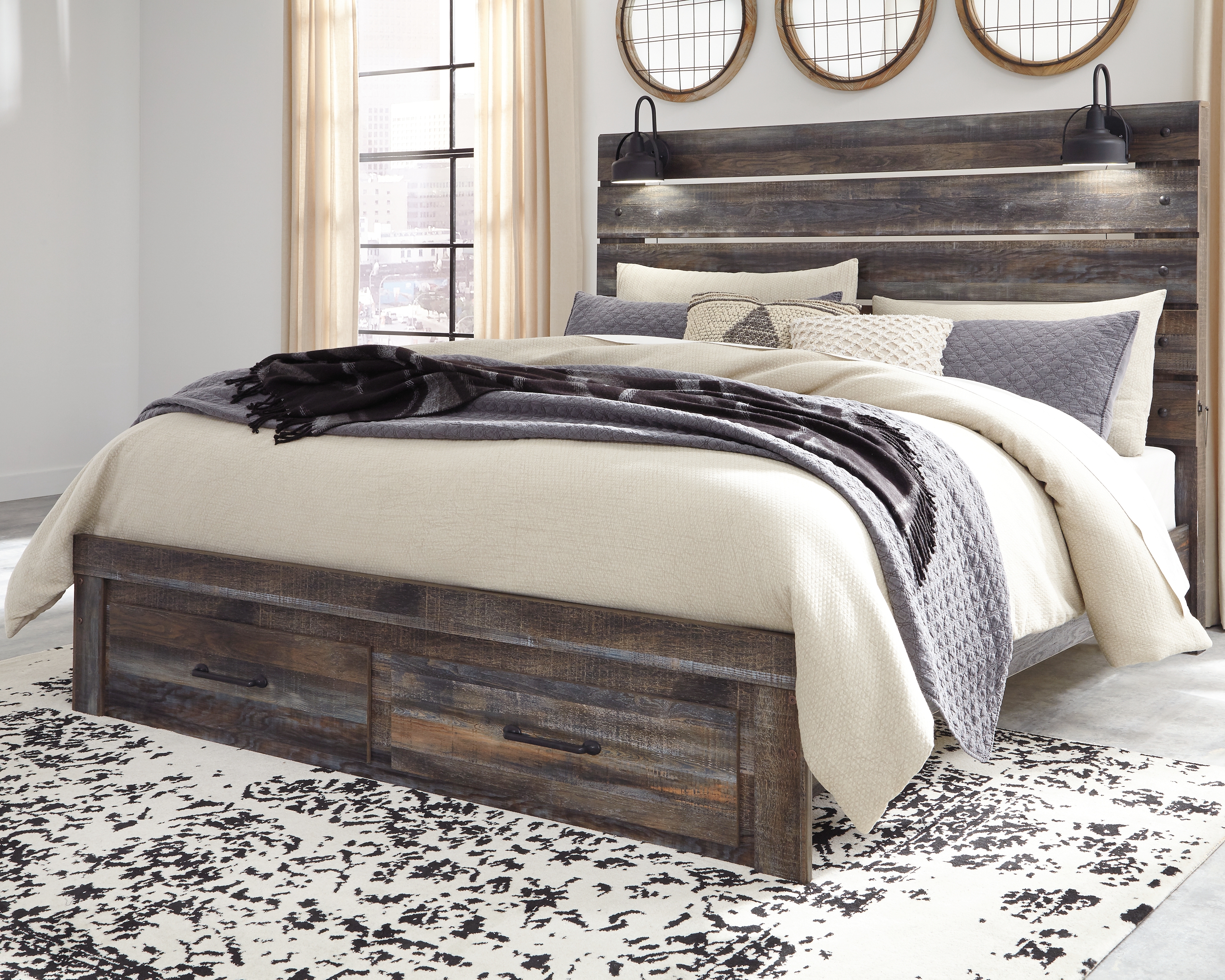 Drystan - King Panel Bed with 2 Storage Drawers - Brown / Beige