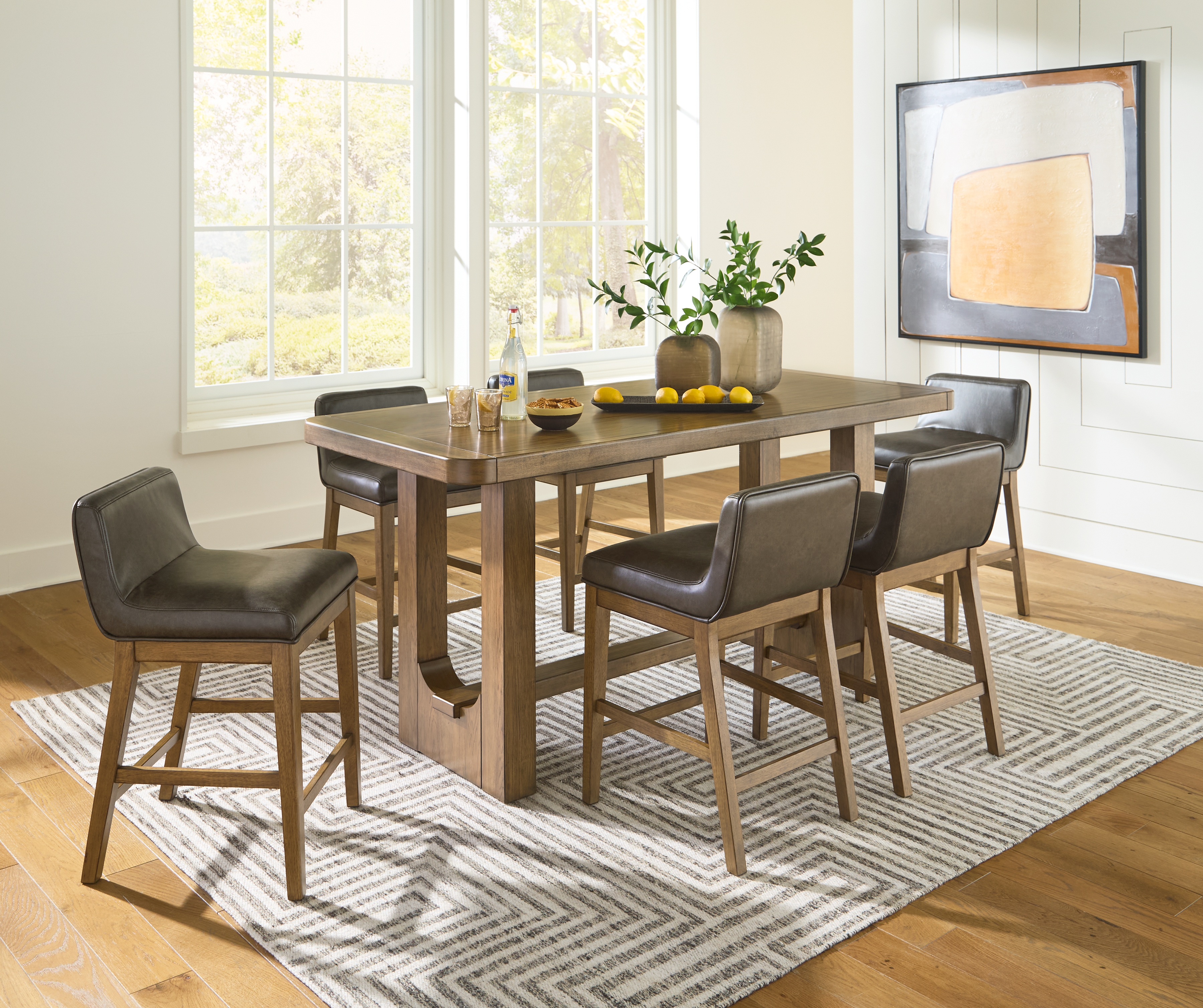 Cabalynn - 7 Pc. - Rectangular Dining Room Counter Table, 6 Upholstered Barstools - Light Brown