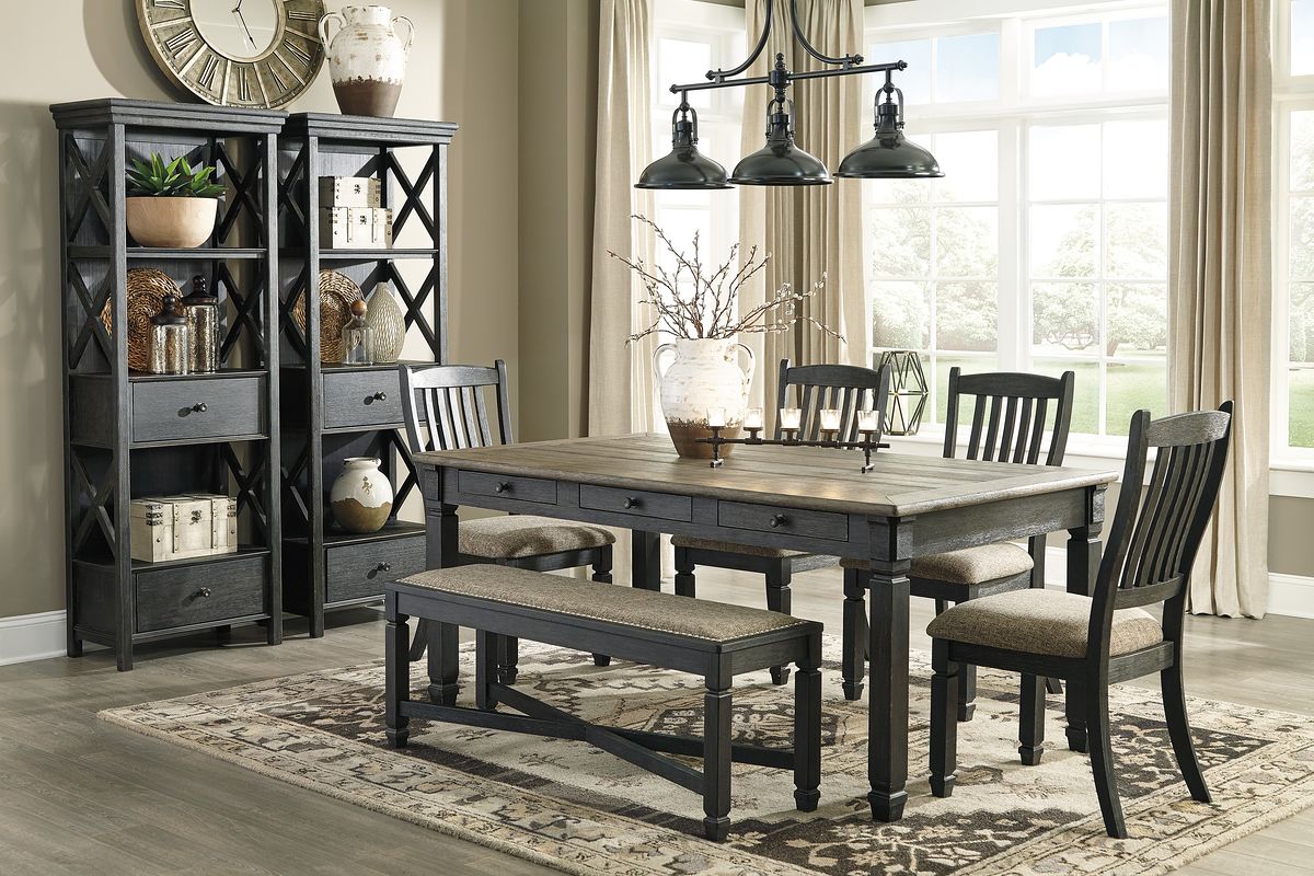 Tyler Creek - 8 Pc. - Dining Room Table, 4 Side Chairs, Bench, 2 Cabinets - Dark Gray