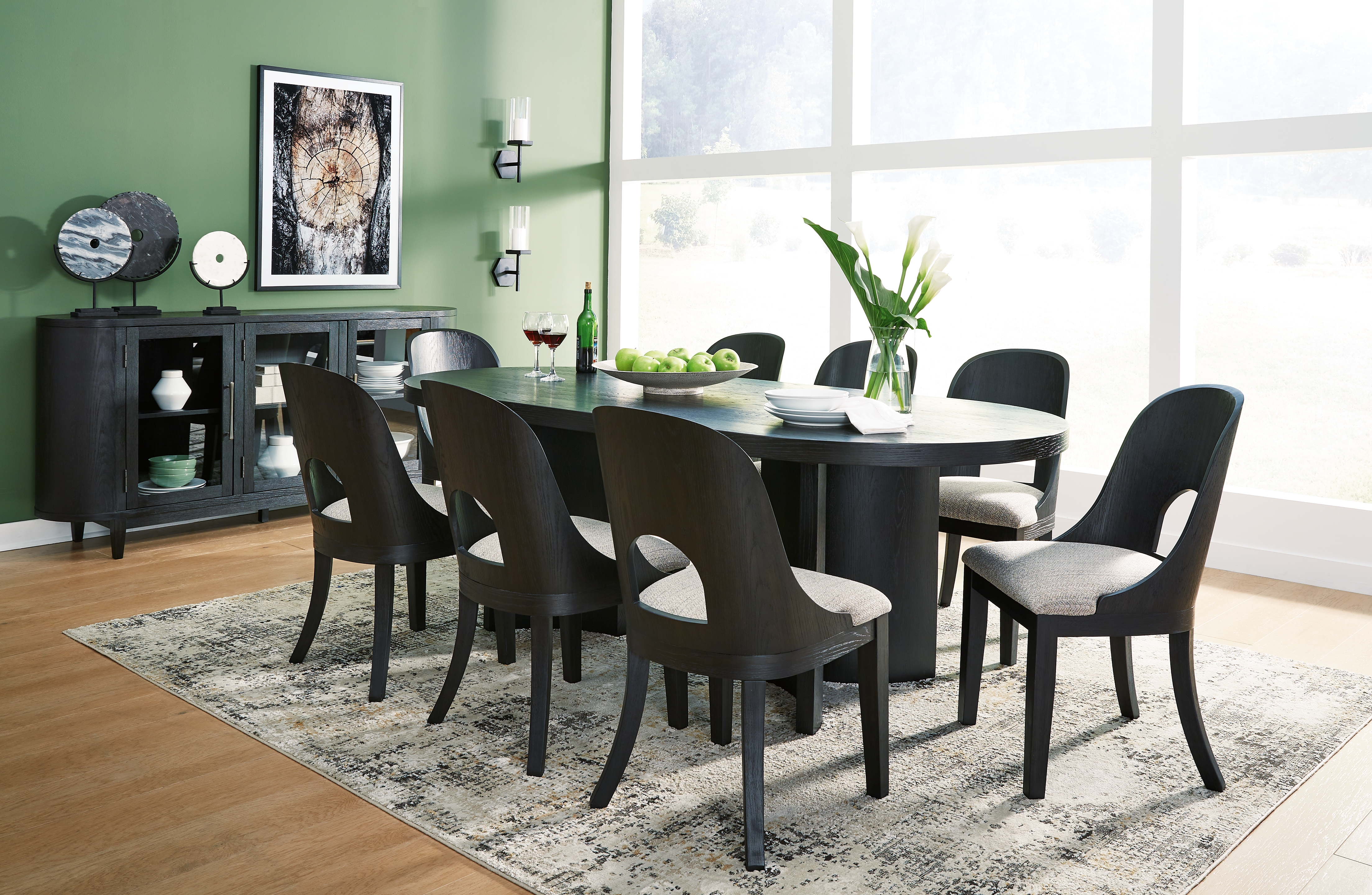 Rowanbeck - 10 Pc. - Dining Table, 8 Side Chairs, Server - Black