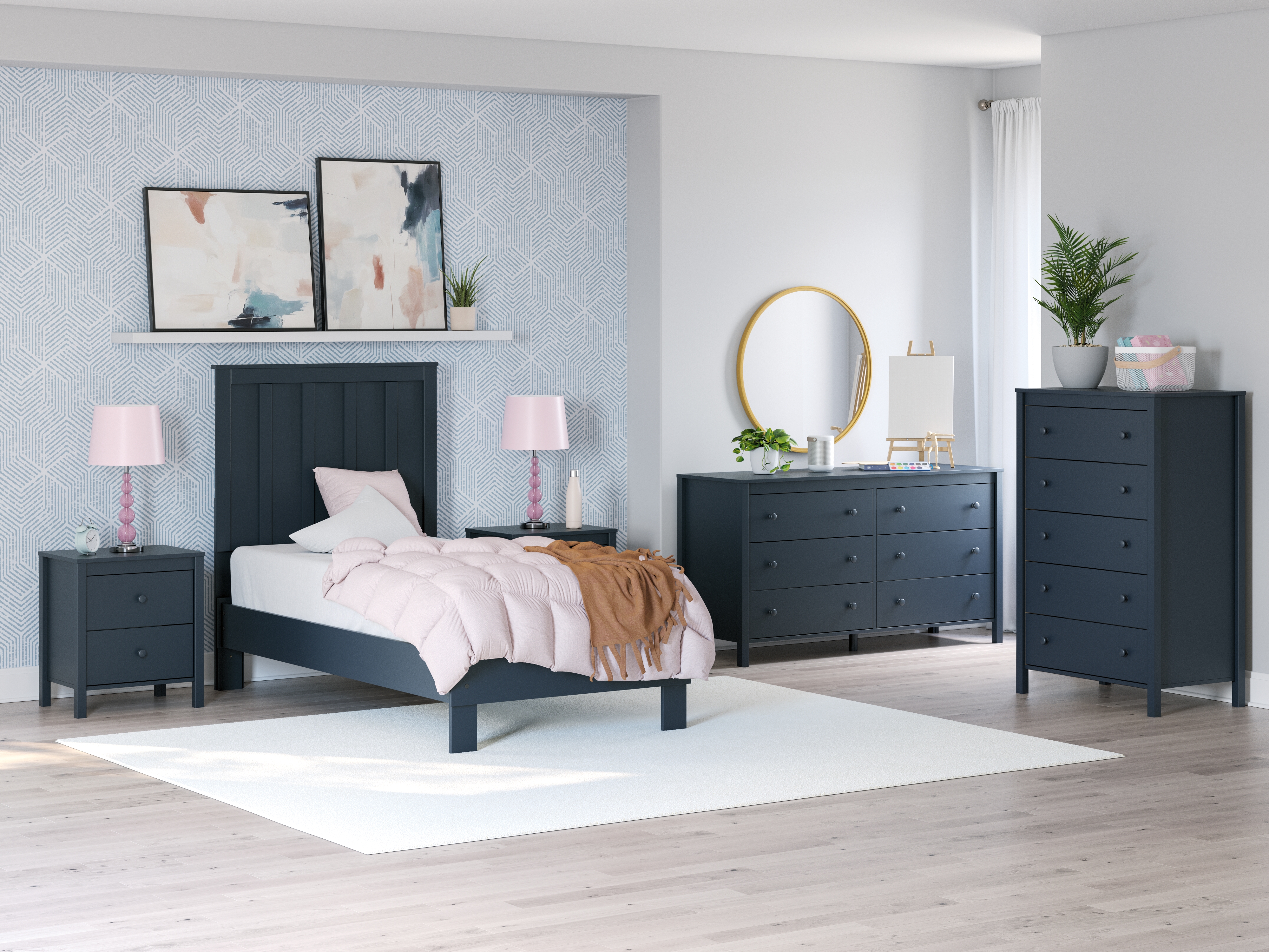 Simmenfort - 3 Pc. - Dresser, Twin Platform Bed - Navy Blue