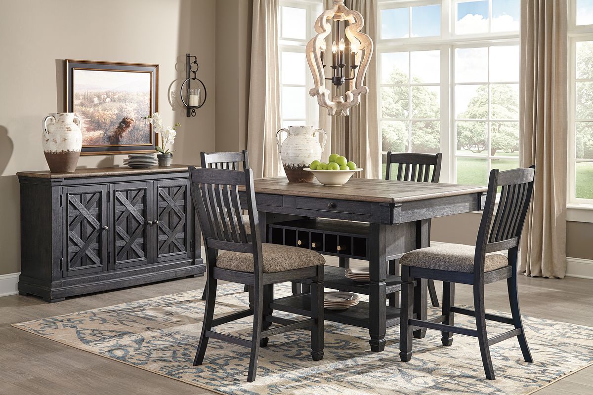 Tyler Creek - 6 Pc. - Counter Table, 4 Barstools, Server - Dark Gray