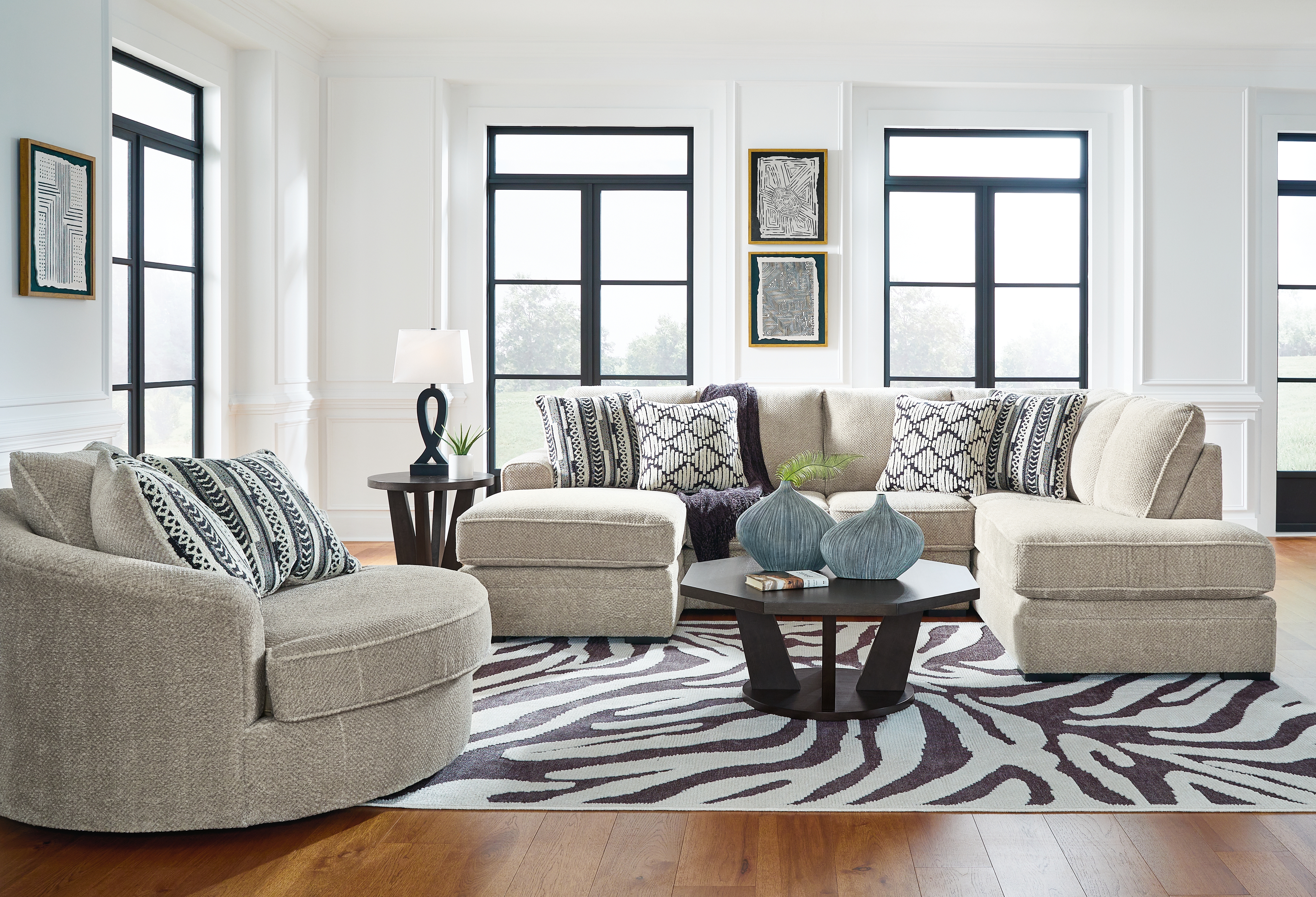 Calnita - 3 Pc. - 2-Piece Sectional With Raf Corner Chaise, Oversized Swivel Accent Chair - Sisal