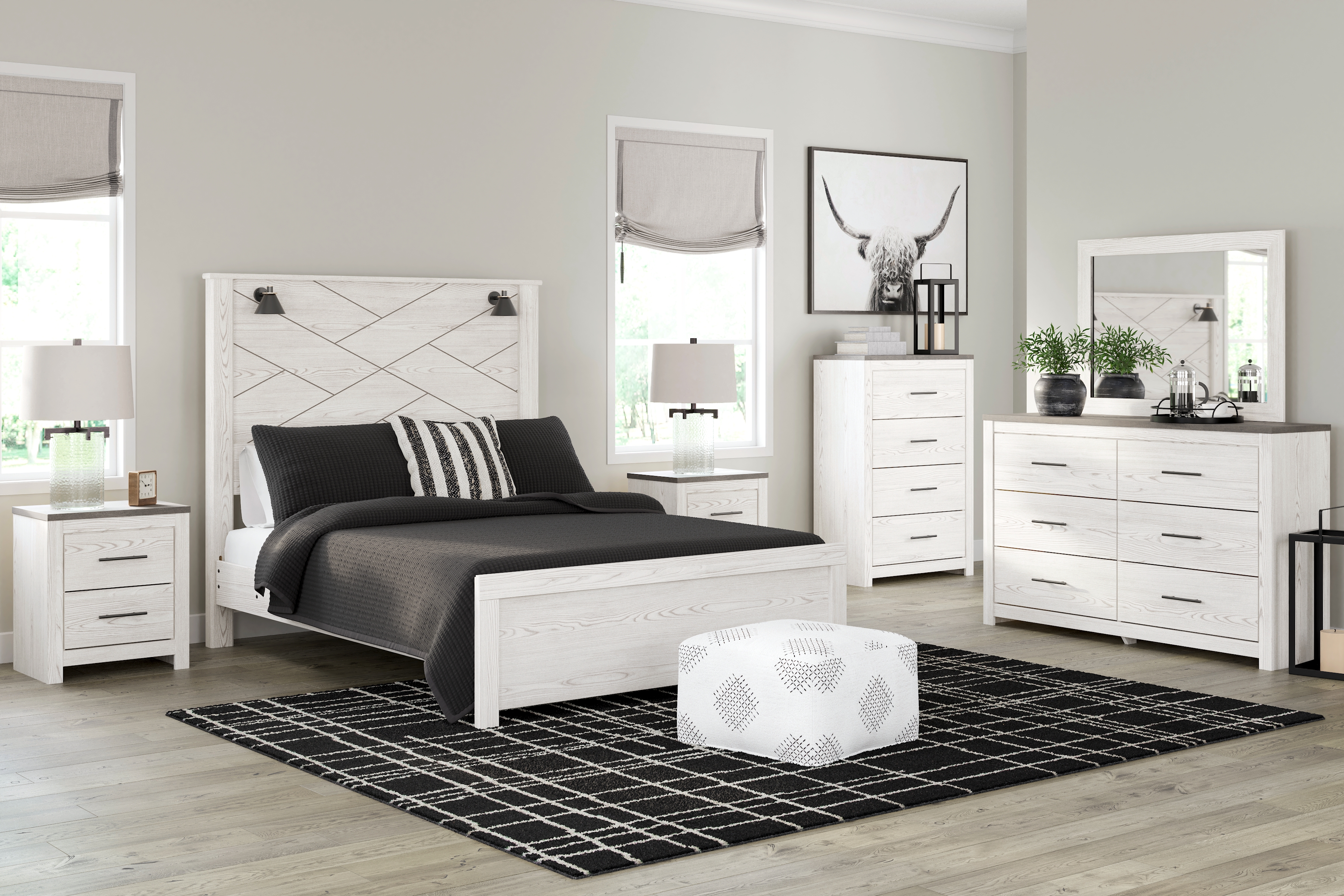 Gerridan - 8 Pc. - Dresser, Mirror, Chest, Queen Panel Bed with Sconces, 2 Nightstands - White
