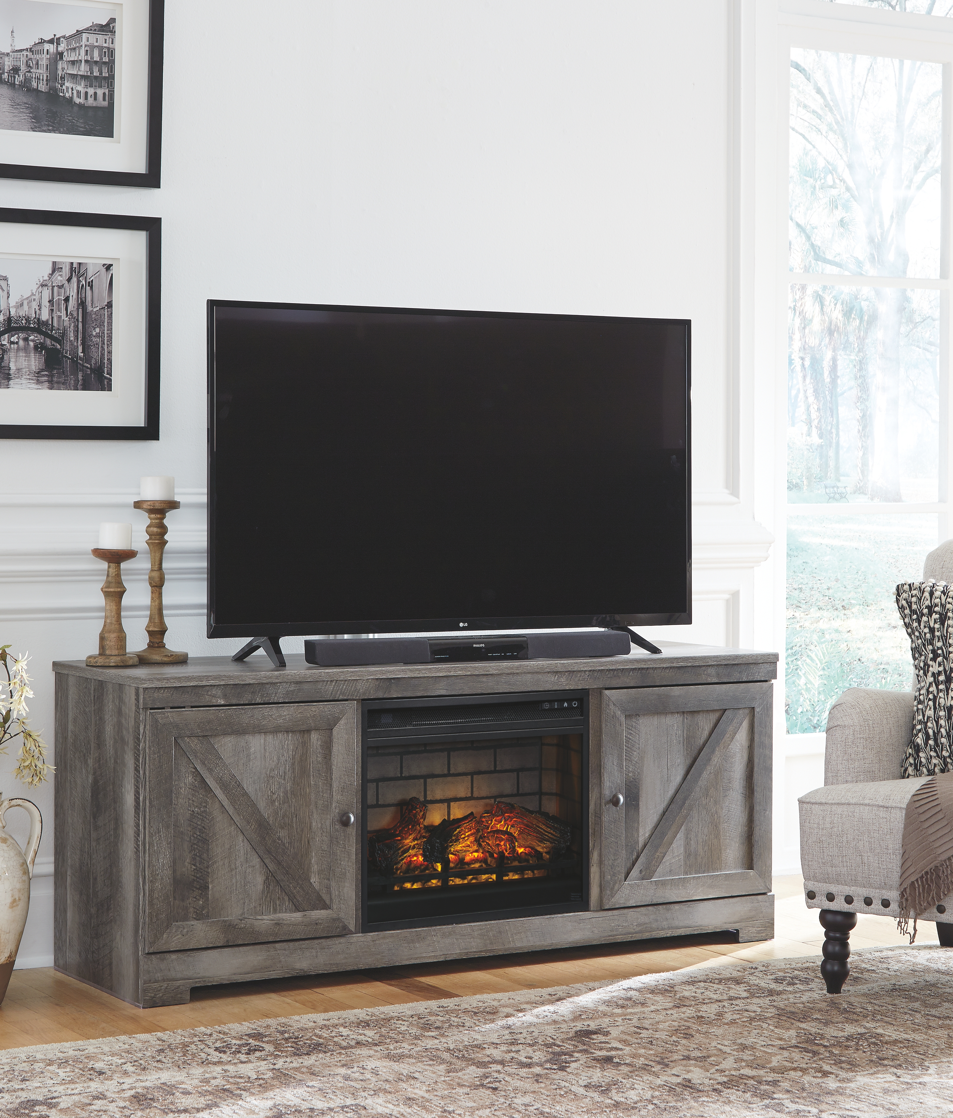 Wynnlow - 2 Pc. - 63" TV Stand with Faux Firebrick Fireplace Insert - Gray